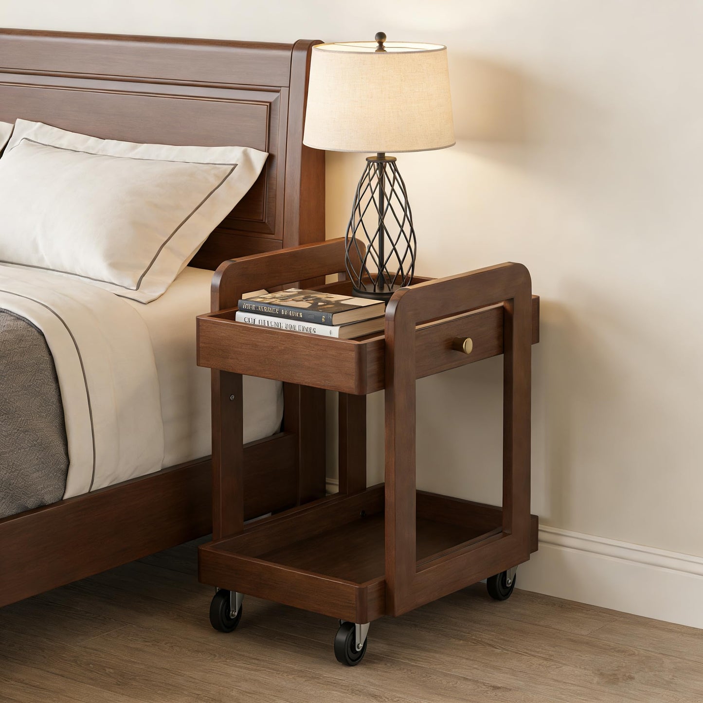 Rosolaratop Solid Wood Bar Cart with Drawer, 2-Tier Mobile Side Table with Universal Wheels, Walnut Finish Storage Trolley for Living Room, Tea Room, Bedroom