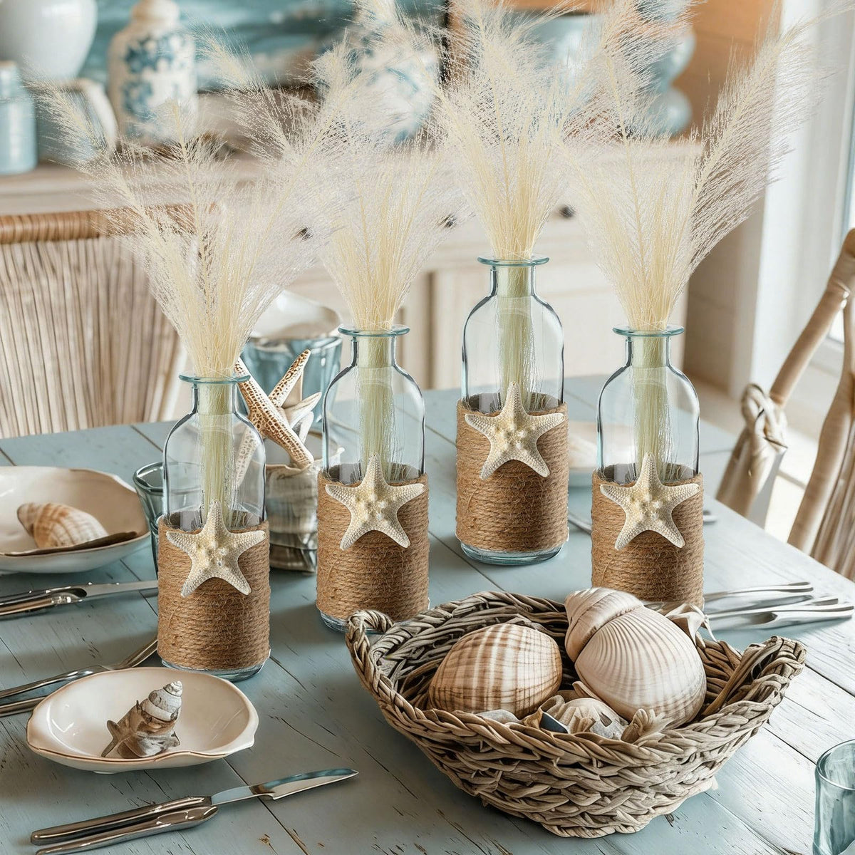 Vicenpal Set of 4 Blue Bud Glass Vase Coastal Starfish Small Flower Vase with Artificial Reeds Boho Rope Beach Decorative Table Centerpiece for Coastal Nautical Wedding Floral Room Decor