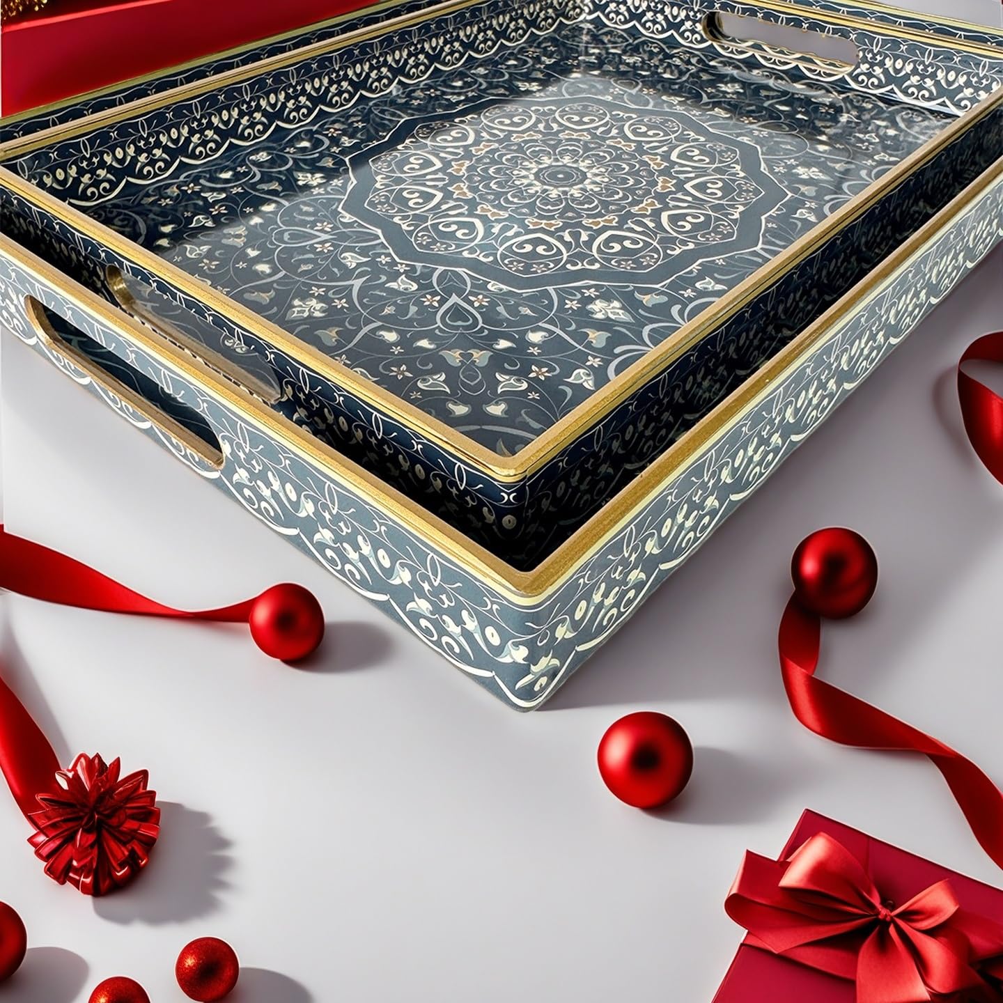 Umisriro Decorative Tray, Blue Serving Tray with Handles, Set of 2, Plastic Coffee Table Tray for Living Room, Ottoman, Bathroom, Kitchen, Decor, Large 15.7”*11.8”, Small 13.7"*9.8"