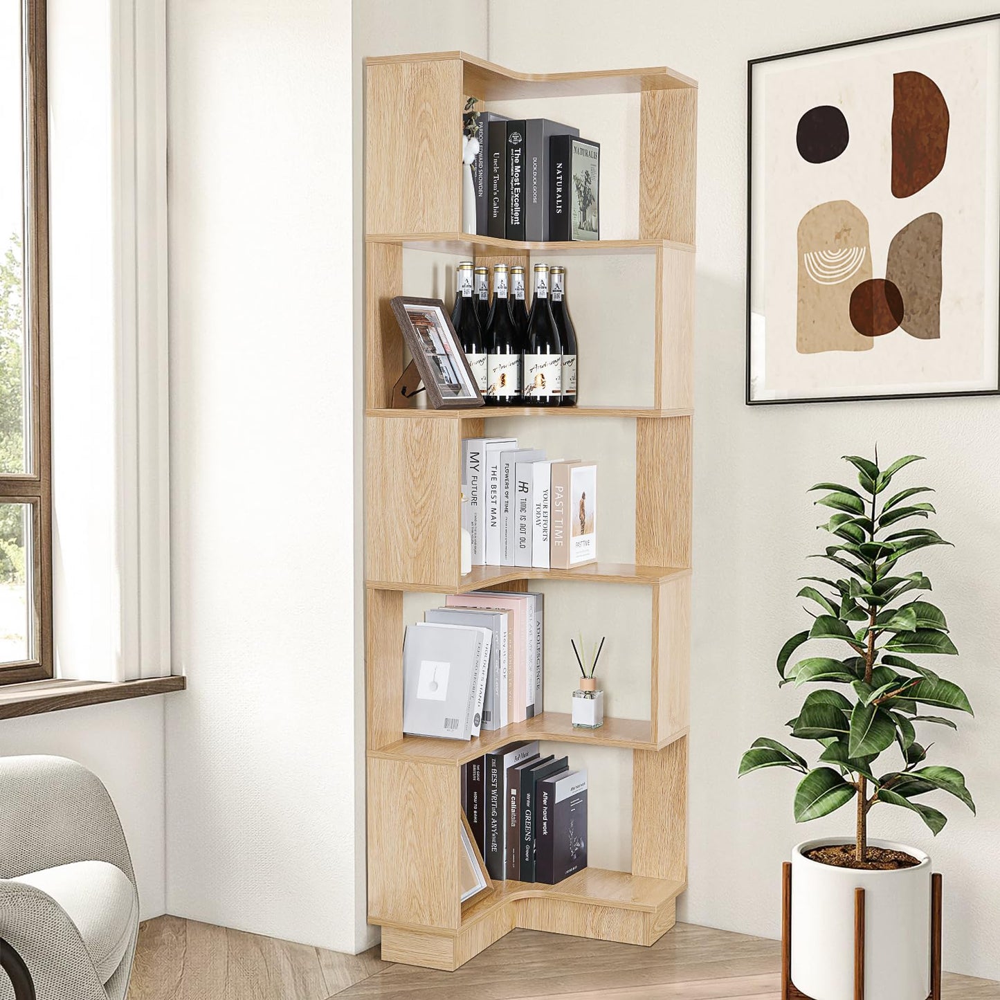 GOOFCXO Wooden Corner Bookcase, 5 Tiers Corner Bookshelf 68.9" L-Shaped Storage Display Rack Tall Large Open Bookshelf with Fixture for Living Room Bedroom Study Office
