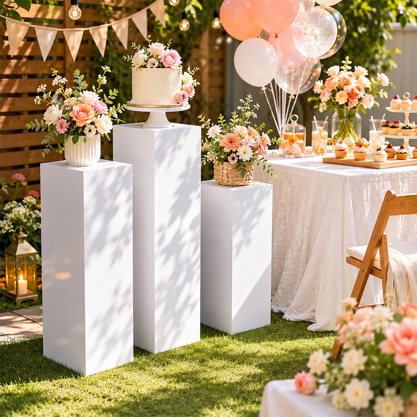 SwallowLiving 3PCS Metal White Display Pedestal Stand for Parties, Square Tall Pedestal Cake Stands Pillars for Wedding, Sculpture Display Stand Column Decoration