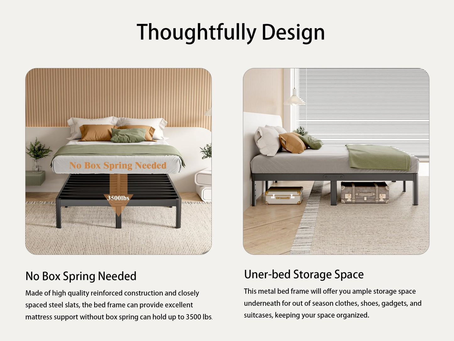 KZZLOL Full Size Bed Frame 16 Inch, Metal Platform Full Bed Frame No Box Spring Needed, DIY Headboard Hole, Heavy Duty Steel Support 3500 LBS, Noiseless, Round Leg, Storage Space, Easy Assembly, Black