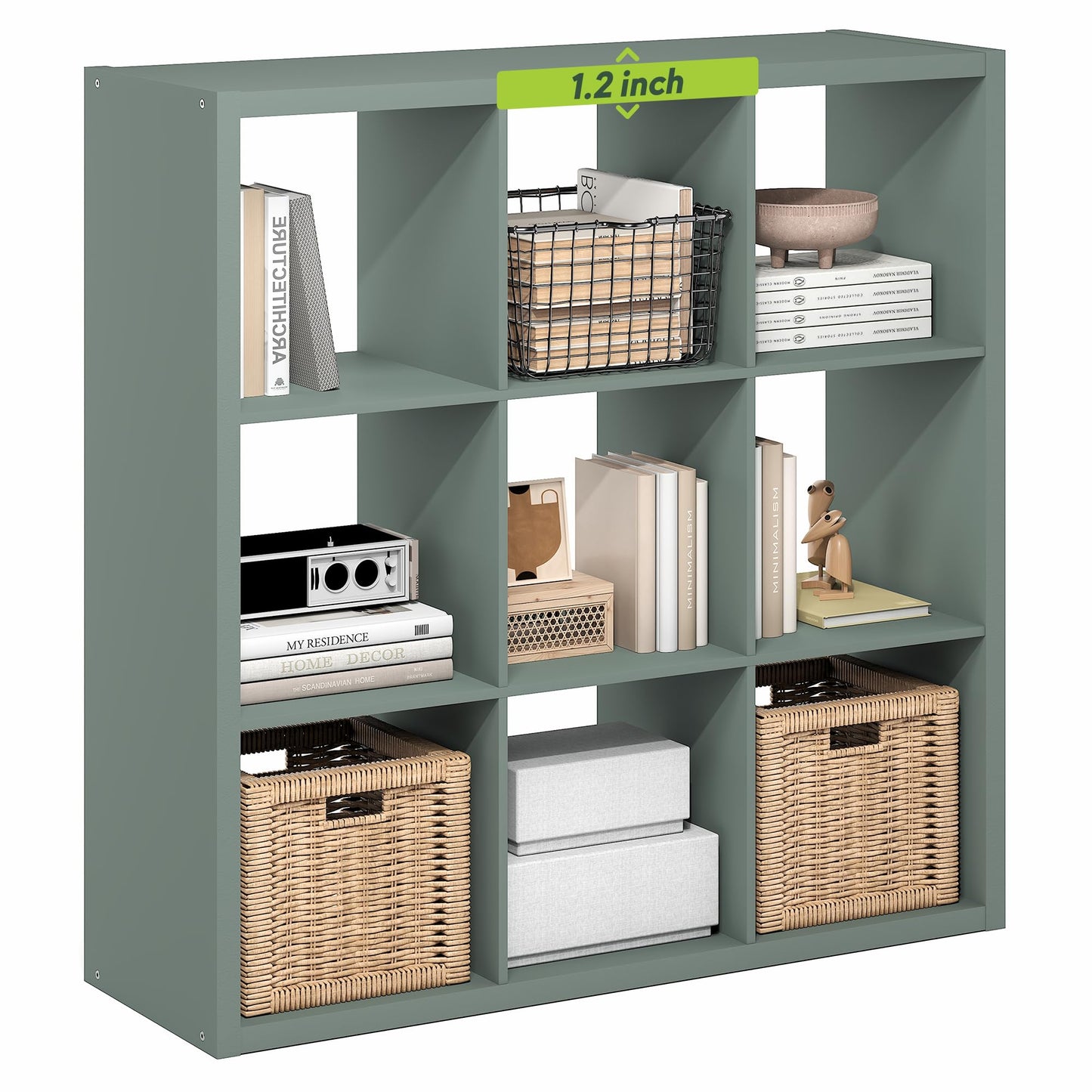 Furinno Cubicle Book Shelf, 9-Cube Bookshelf, Extra Thick Frame Reversible Bookcase with Open Back, 14.6" x 44" x 44", for Living Room, Bedroom, Home Office, Sage Green