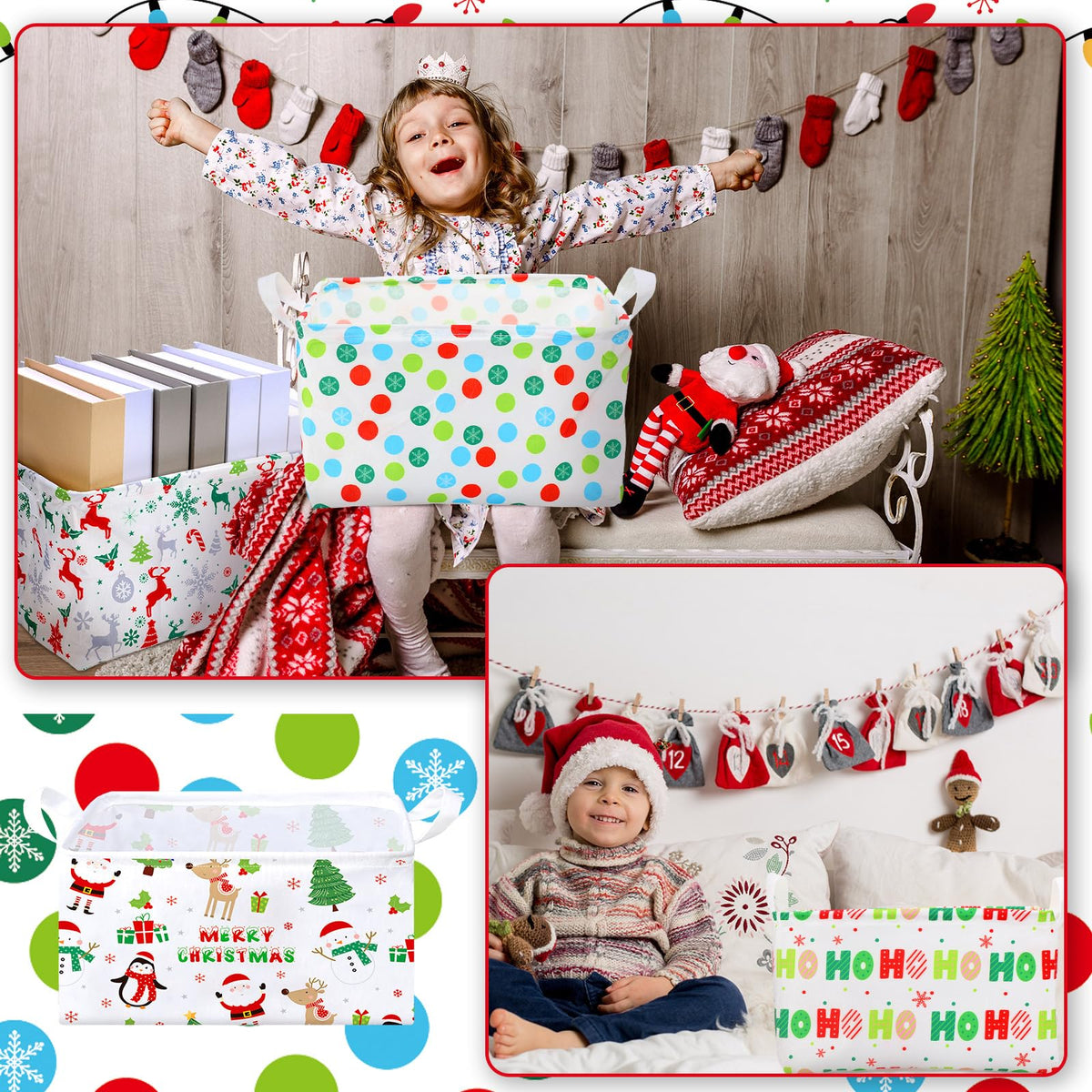 Maxcheck 6 Pcs Large Christmas Basket for Gifts Empty Foldable Xmas Gift Basket Rectangle Christmas Fabric Present Storage Boxes Bin Fabric Cubes Containers Boxes with Handles for Present Cloth Toy