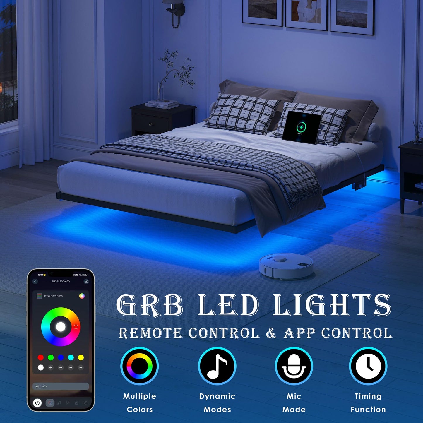 YORMDMO Floating Bed Frame Full Size, Heavy Duty Bedframe with Smart LED Lights & Charging Station, Modern Metal Platform Bed, Easy Assembly No Box Spring Needed, 10 Inch