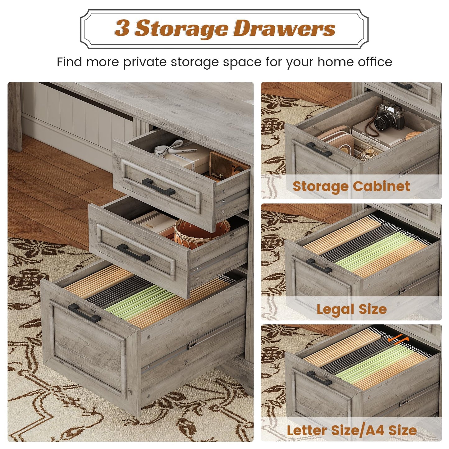 SEDETA Executive Office Desk with 3 Drawers, Farmhouse 55" Computer Desk with Storage File Drawers & Power Outlet for Home Office, Grey