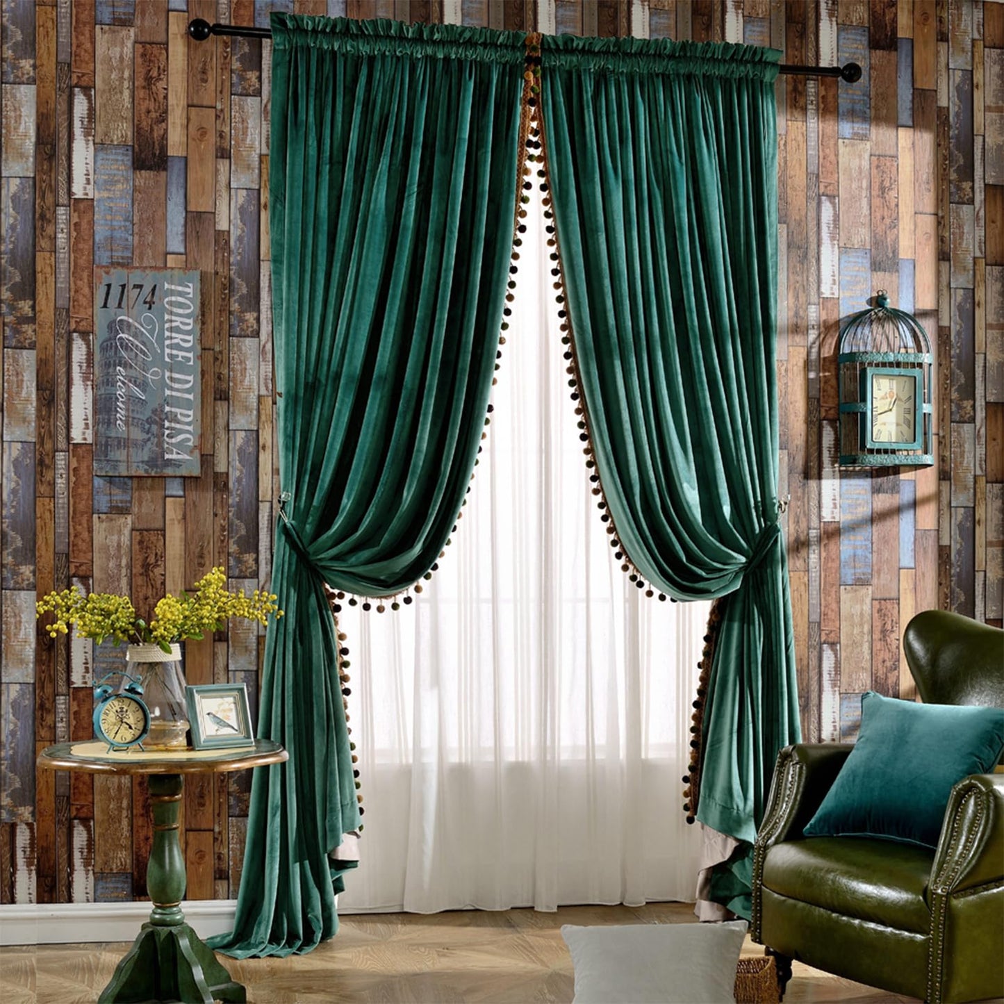 Melodieux Pom Poms Velvet Blackout Curtains for Bedroom Living Room, Vintage Luxury Thermal Insulated Rod Pocket Lined Drapes, 52" W x 84" L, Antique Green (2 Panels)