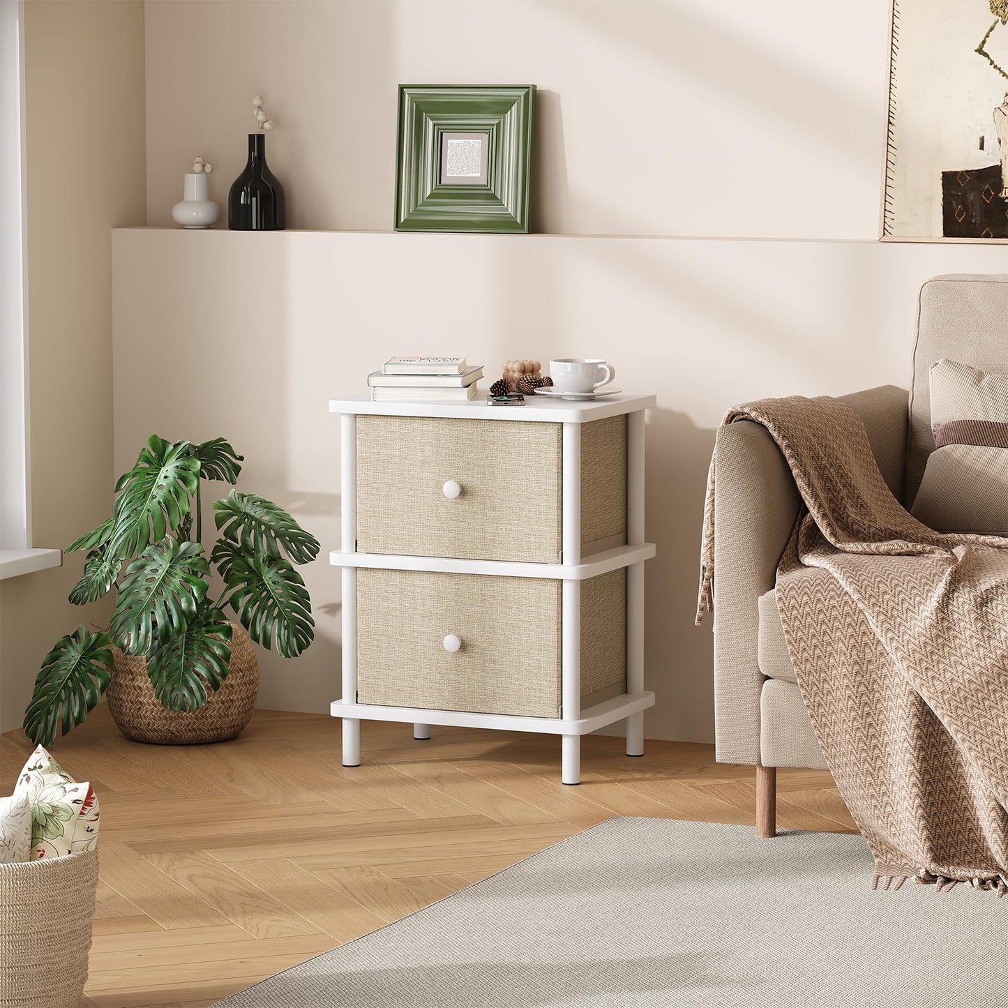 Apicizon Nightstand with 2 Storage Drawers, Boho Side Table with Solid Wood Legs, End Table for Small Spaces, Bedroom, Living Room, Entryway, White