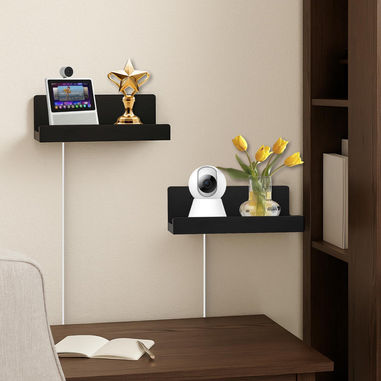FURAOMEILI Floating Wall Shelves Set of 2, 12-Inch Solid Wood Shelves with Cable Holes, Small Display Shelf for Router, Webcam, Smart Speaker, Camera – Black