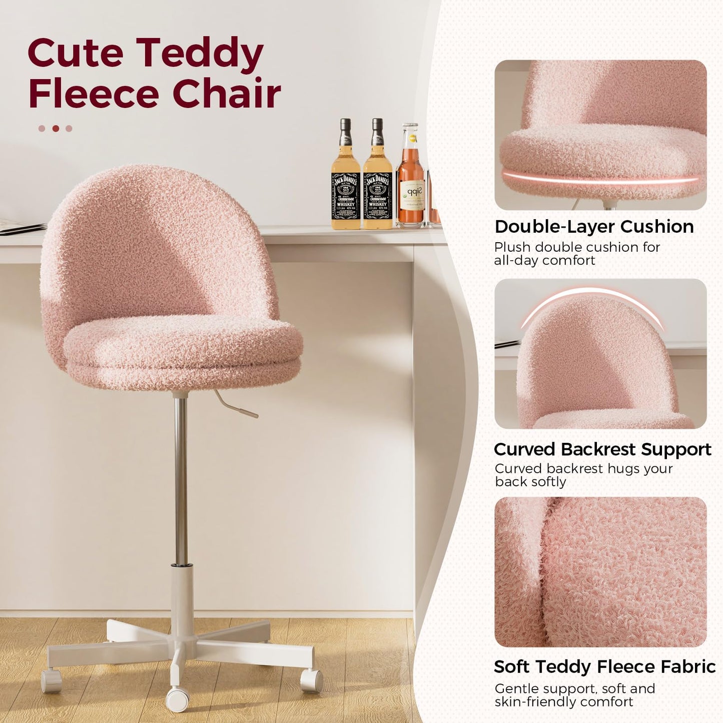 GTPLAYER Velvet Tall Office Chair with Wheels Vanity Chairs with Back, Versatile Height Use: Office to Bar Stools Small Ergonomic Comfy Armlees Computer Desk Chair with Bow Lumbar Pillow for Gift