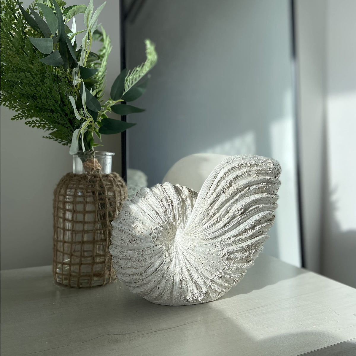 Huey House Large Nautilus Shell Sculpture, White Seashell Beach Decor