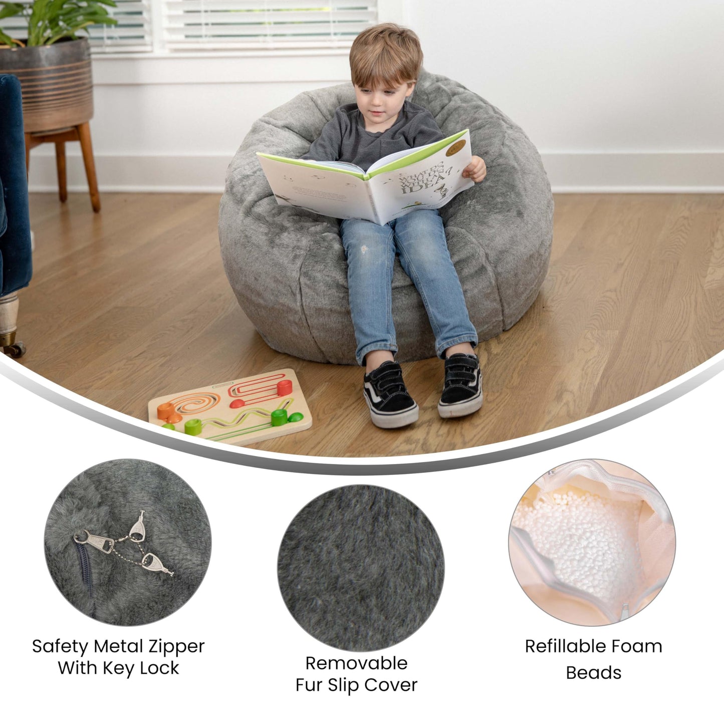 Flash Furniture Dillon Small Gray Furry Bean Bag Chair for Kids and Teens