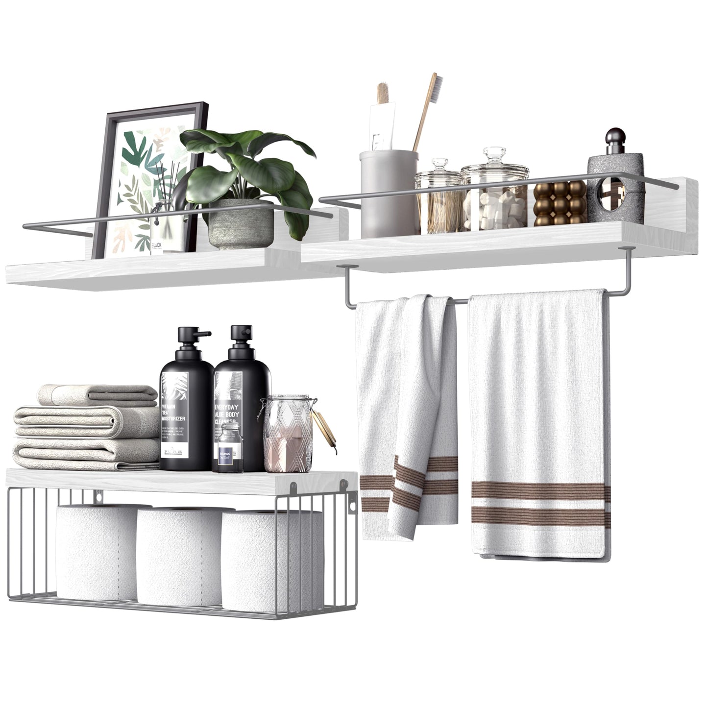 PopiShelves Bathroom Shelves Over Toilet for Wall, Floating Shelves with Storage Basket Paper Holer for Kitchen Living Room, Bedroom & Classroom, Set of 3 (White and Grey)