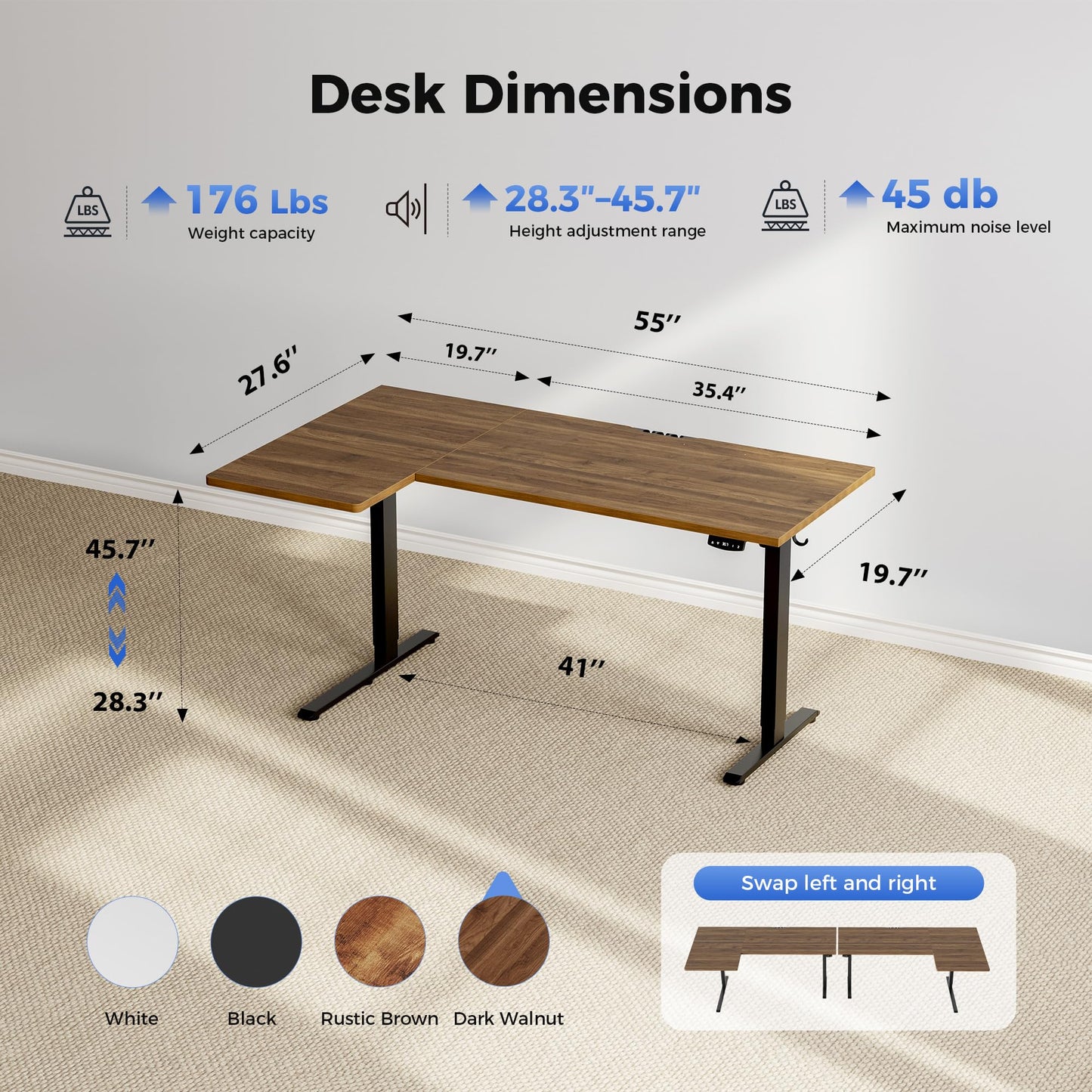 Agilestic 55 Inch Reversible L Shaped Standing Desk, Electric Height Adjustable Desk with Memory Preset, Sit Stand Up Computer Workstation for Home Office, Splice Board, Dark Walnut