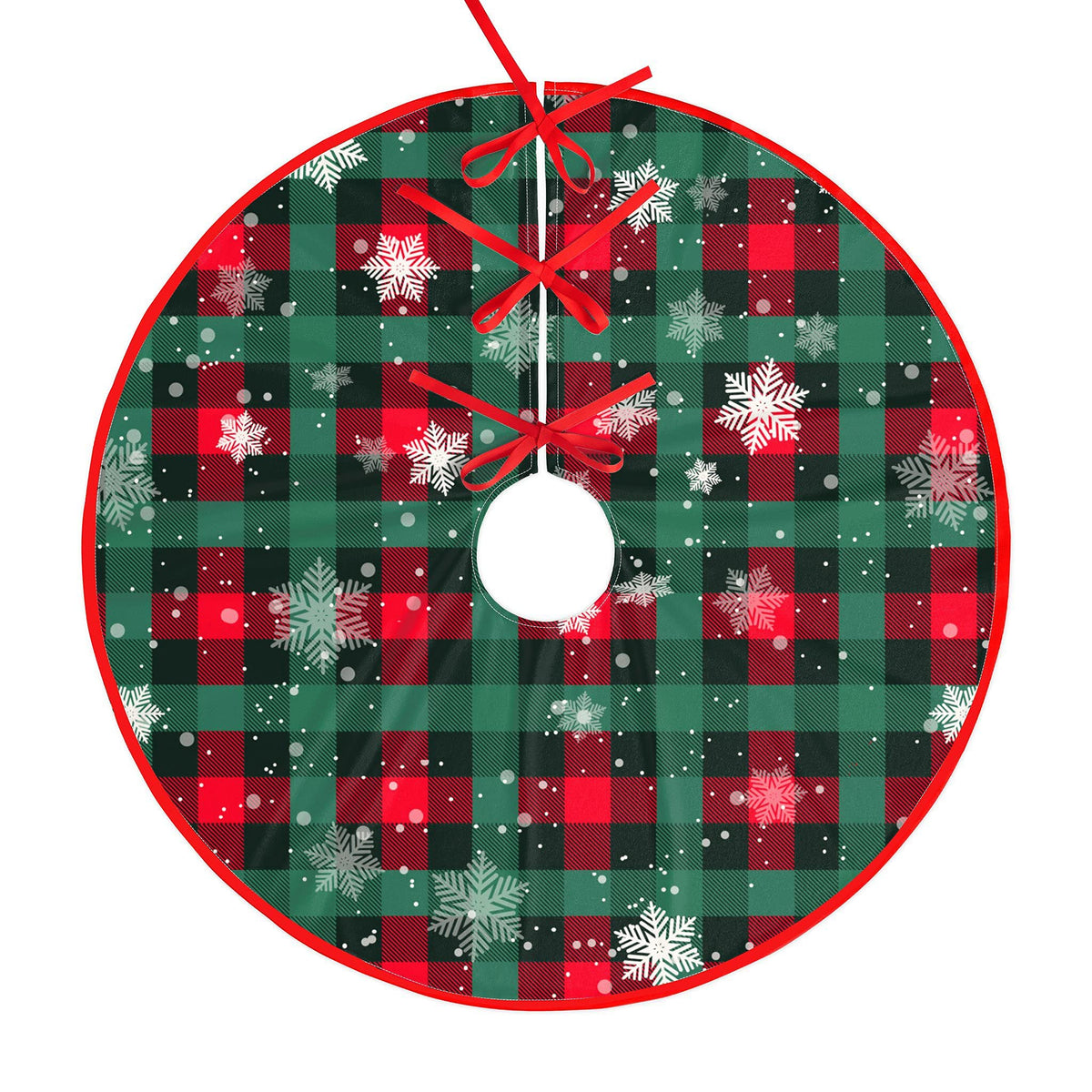 Christmas Tree Skirt Buffalo Plaid Tree Skirt Snowflake Thick Xmas Tree Skirt for Holiday Party Christmas Tree Decorations Indoor Outdoor Red and Green 48 Inch