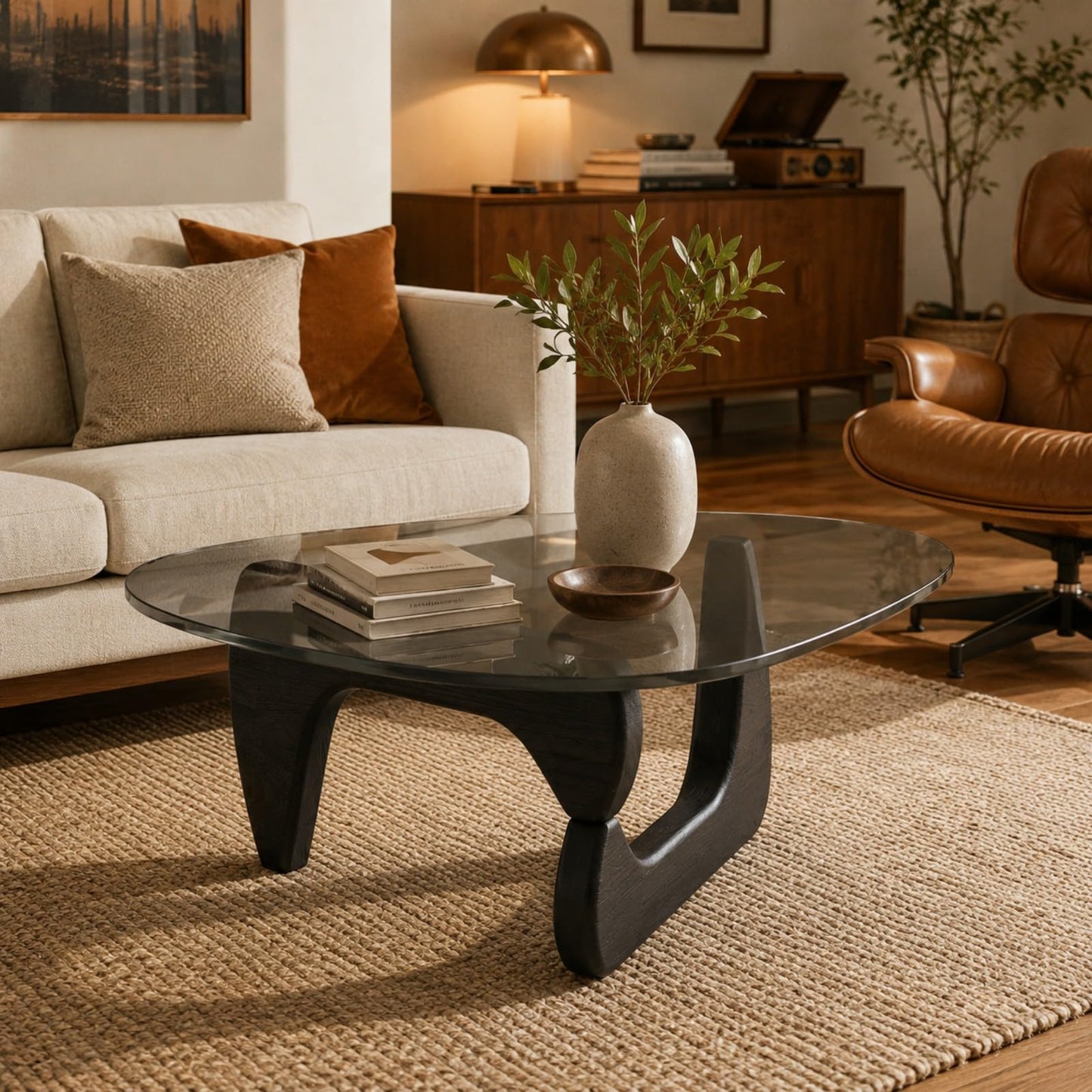 QHRAY Modern Glass Coffee Table, Black Wood Grain Base, Gray Tempered Glass Top, 32" Center Table, Black Coffee Table for Living Room Apartment Office Lounge Reception Bedroom