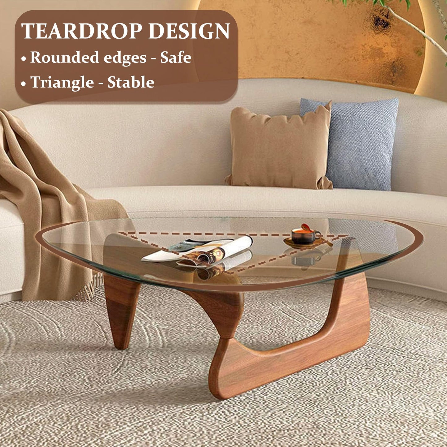 Glass Coffee Table, 44.9"×32.3"×15.8" Mid Century Modern Center Table with Triangle Tempered Glass Top, for Living Room Office Apartment