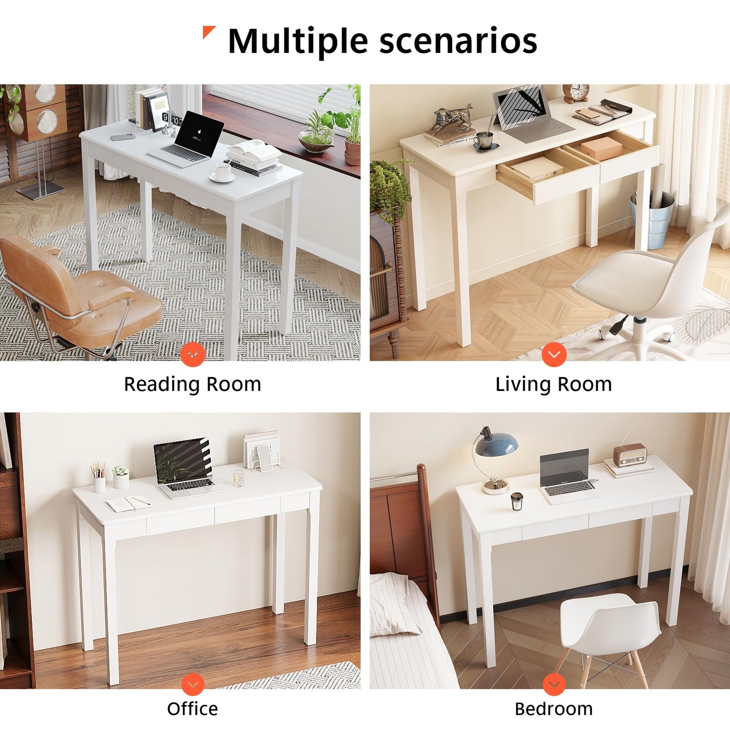 Love-KNPTUS Solid Wood Desk with Drawers - 39" Narrow Desks for Small Spaces, Mid Century Modern Desks, Small Wooden Vintage Computer Writing Desk, Study Table for Home Office Bedroom, White