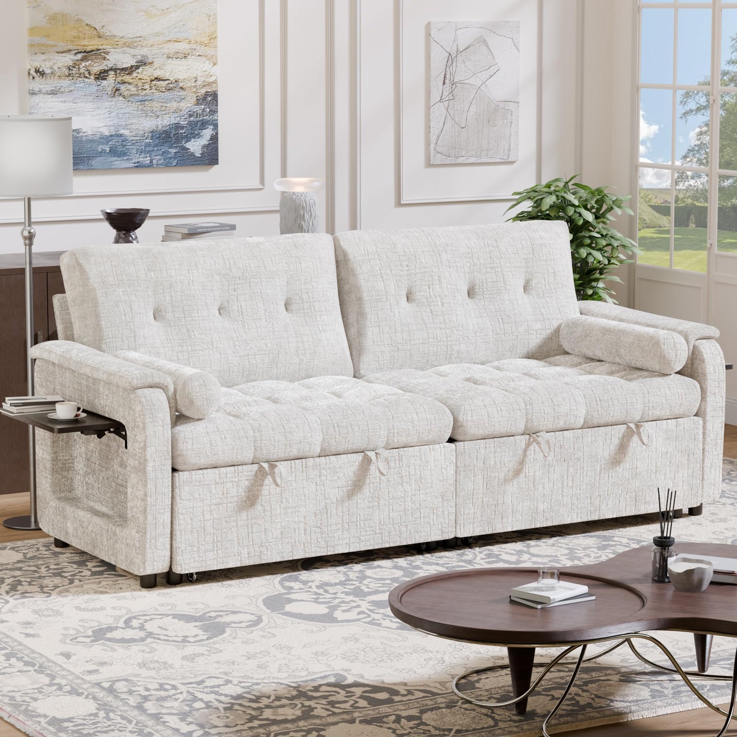 Trygoal Convertible Sleeper Sofa Bed, 86 Inch Chenille Pull Out Couch with Side Table & Adjustable Backrest, Sectional Sleeper Sofa with Pull Out Bed for Living Room, Apartment, Beige