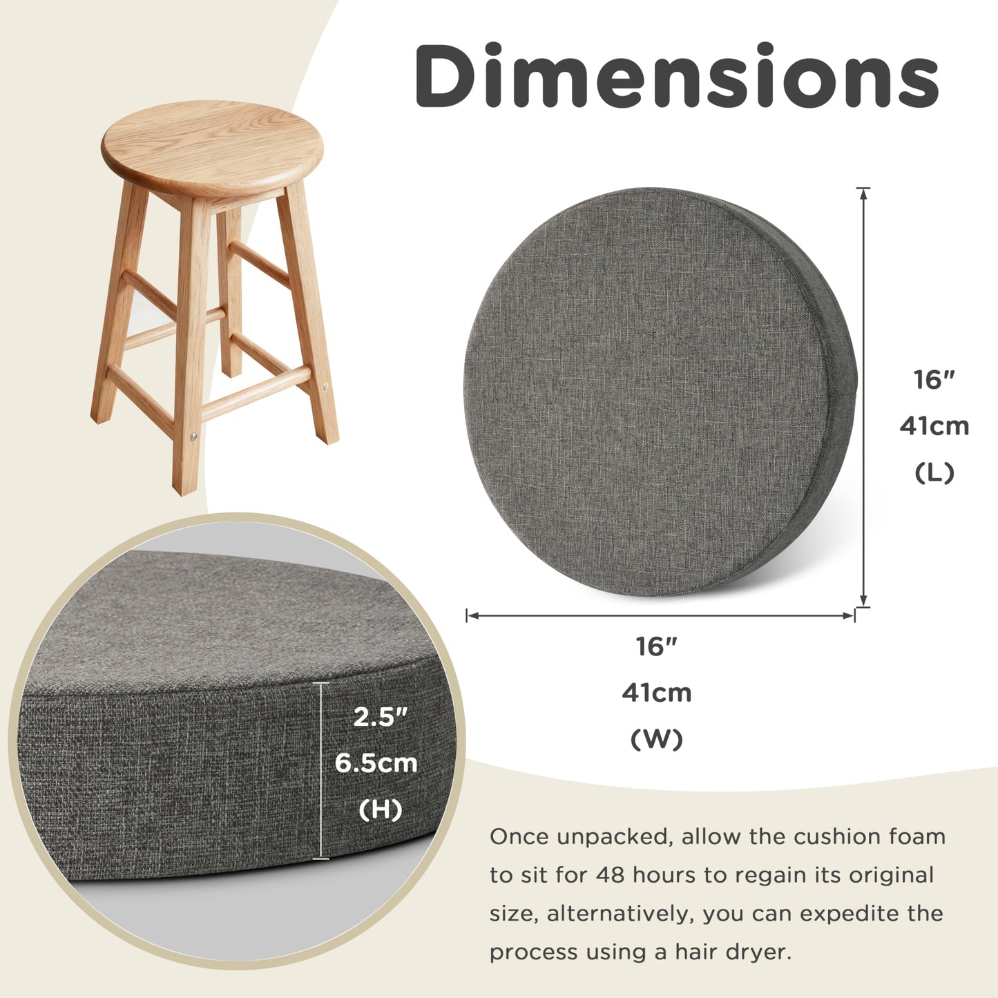 AddGrace 2.5" Thick Non Slip Round Chair Pad 1 Pack, 16" Round Chair Cushion with Machine-Washable Cover and Long Zipper, Seat Cushions for Kitchen, Office, Floor and 16" Ottoman, Light Grey