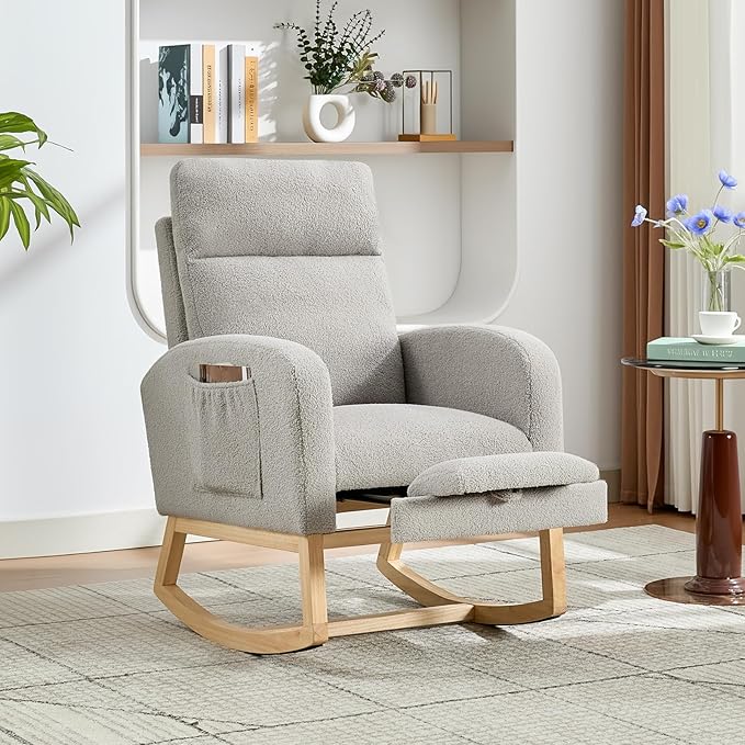Modern Nursery Rocking Chair, Teddy Upholstered Rocking Chair