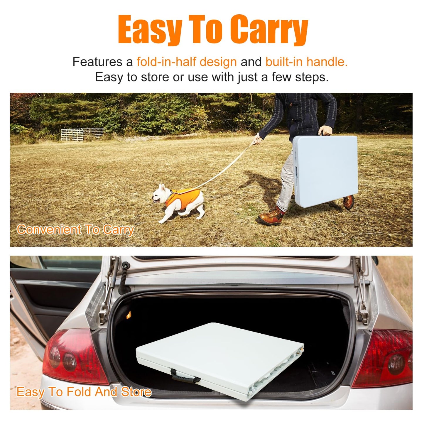 SculPong 4 FT Folding Table with Carry Handle, Portable Fold-in-Half Plastic Table, Rectangle Foldable Table for Indoor/Outdoor White
