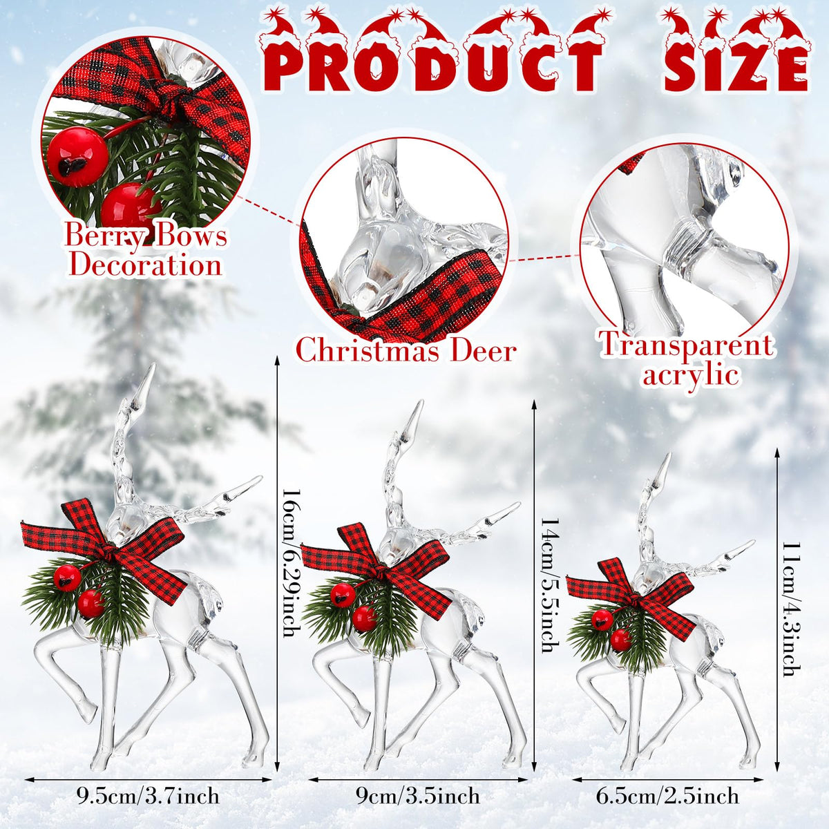 Jenaai 3 Pcs Christmas Reindeer Figurine Acrylic Reindeer Desk Decorations Deer Figurine Christmas Centerpieces for Tables with Green Pine Needle and Red Berries for Party Supplies