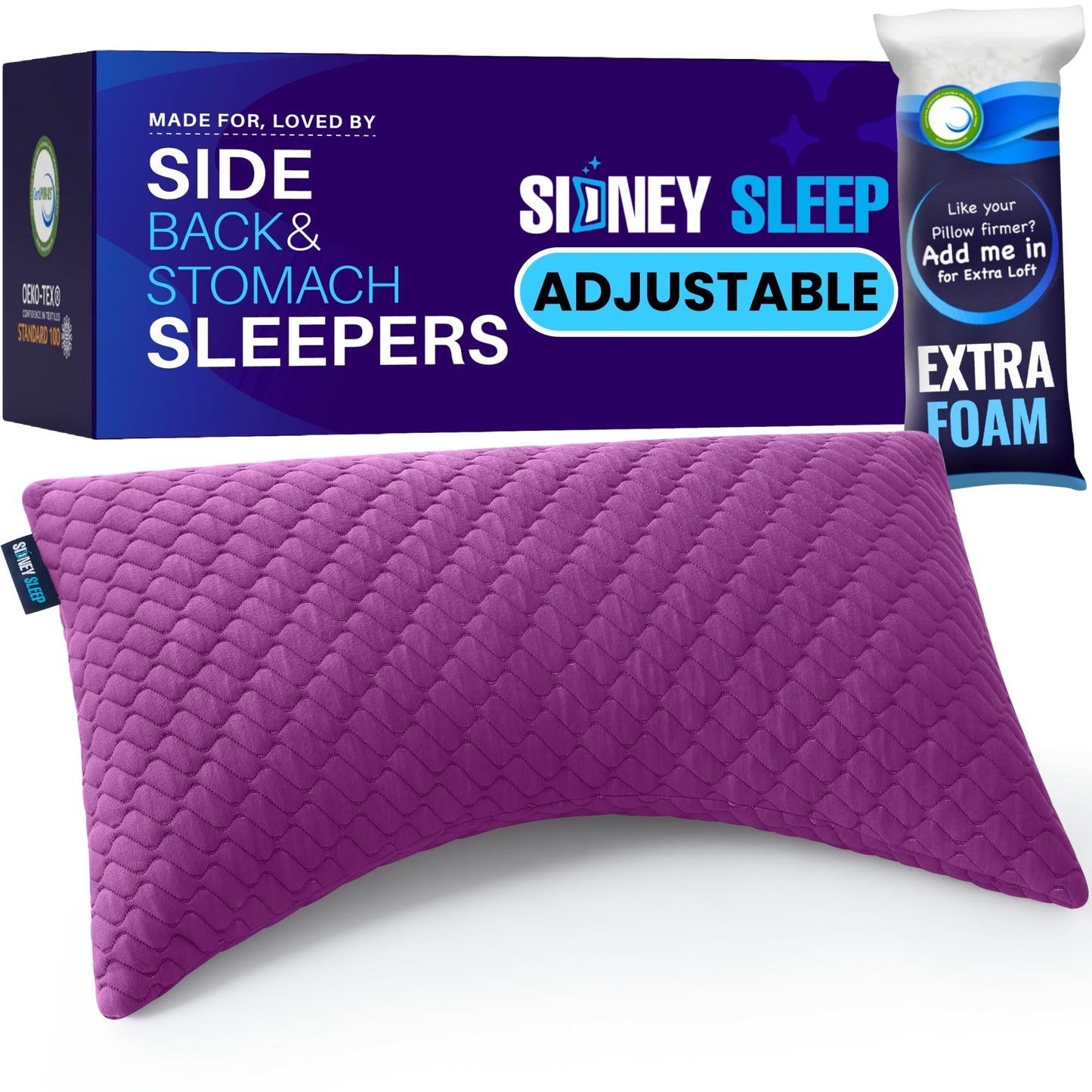 Sidney Sleep Adjustable Curved Pillows for Neck and Shoulder Support with Extra Shredded Fill - Cervical Contour Pillow for Side and Back Sleepers. Queen Size 19" x 29" CertiPUR-US Certified (Magenta)
