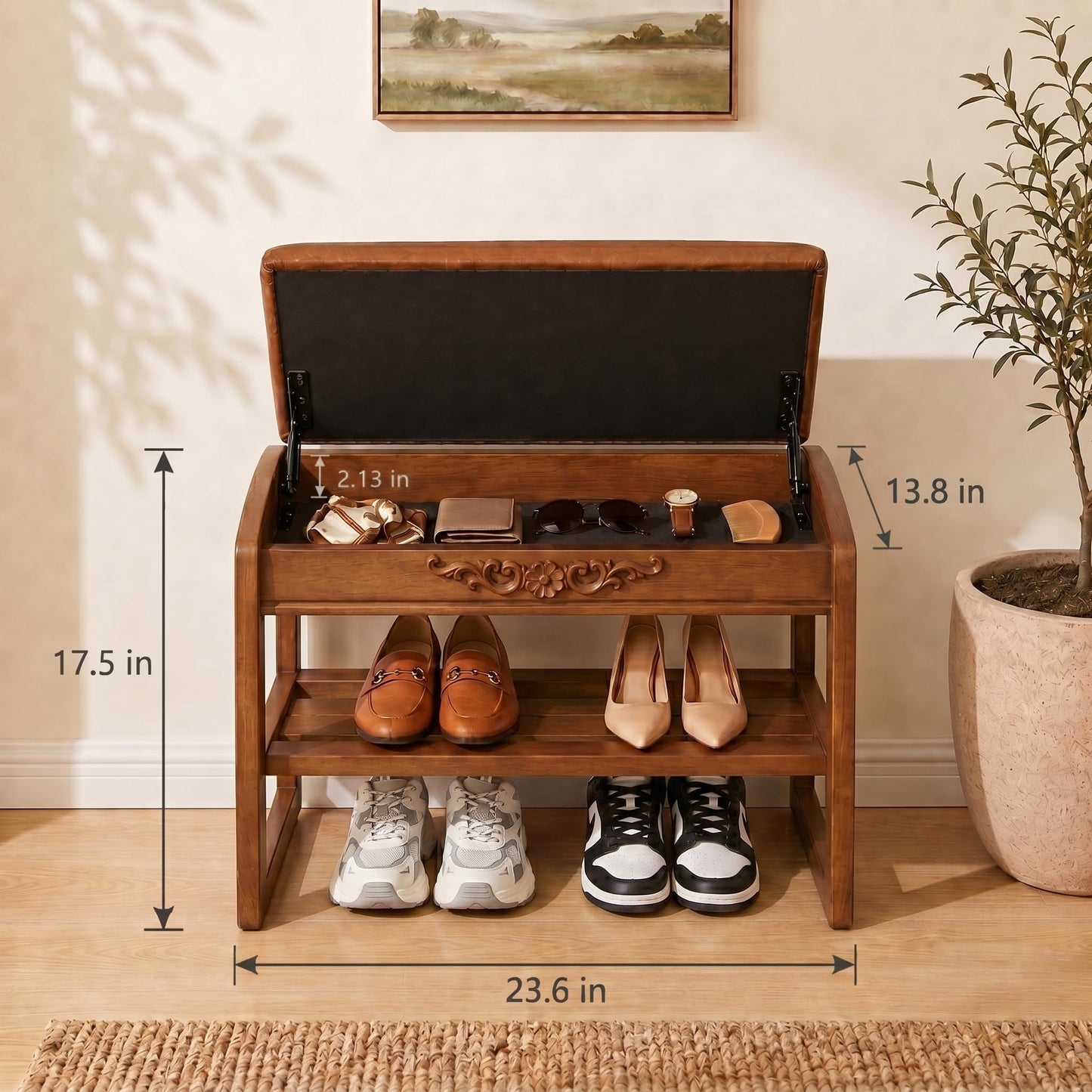 Drogenble Shoe Rack Bench,2 Tiers Shoe Bench with Storage with Flip-Top,Wood Shoe Rack for Entryway,Hallway(Solid Upholstered Seat,23.6"