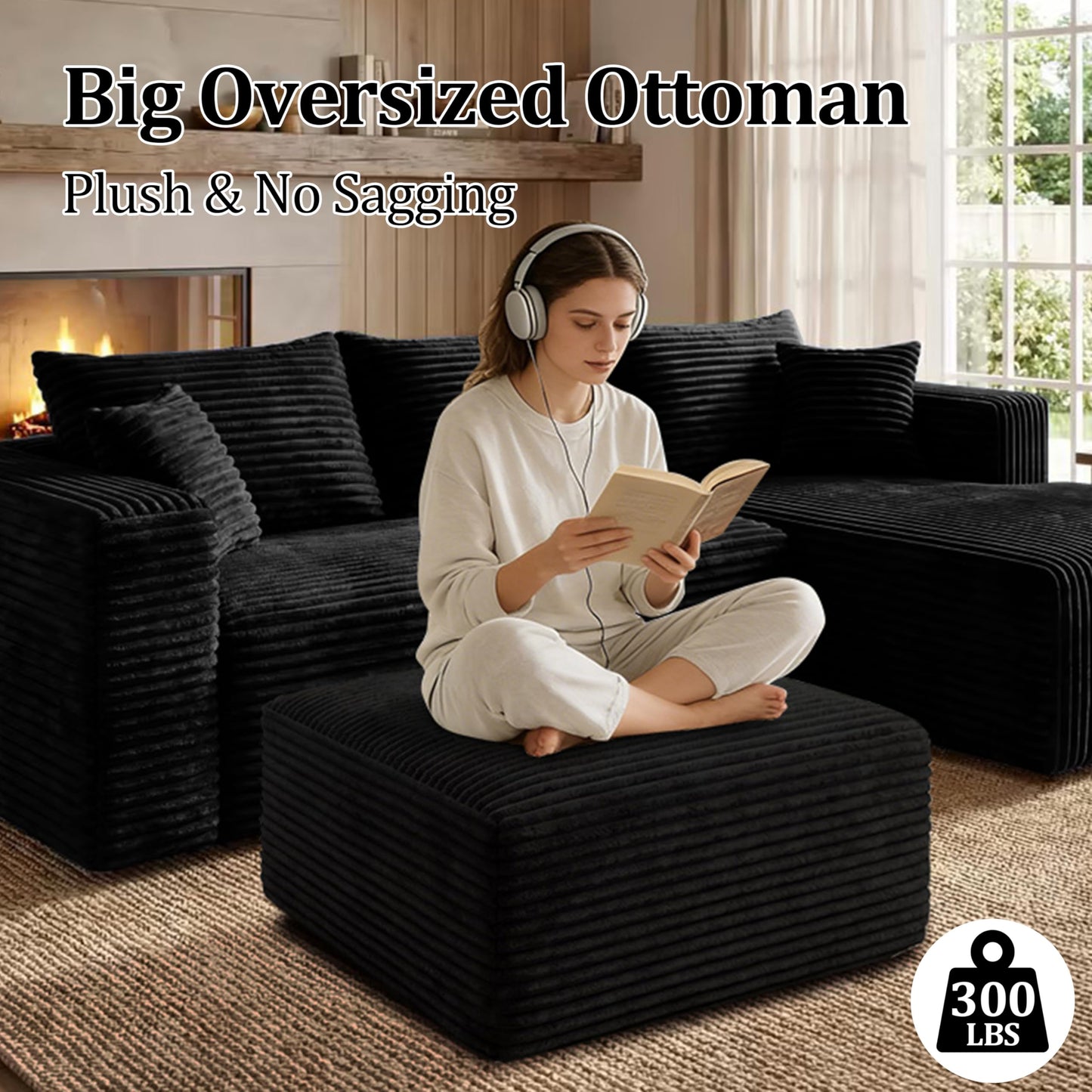 Corduroy Ottoman, Modern Boneless Cloud Foot Rest Foam Support, Oversized Modular Sectional Sofa Stool for Living Room, Bedroom & Small Spaces, No Assembly Required (Black, Ottoman)
