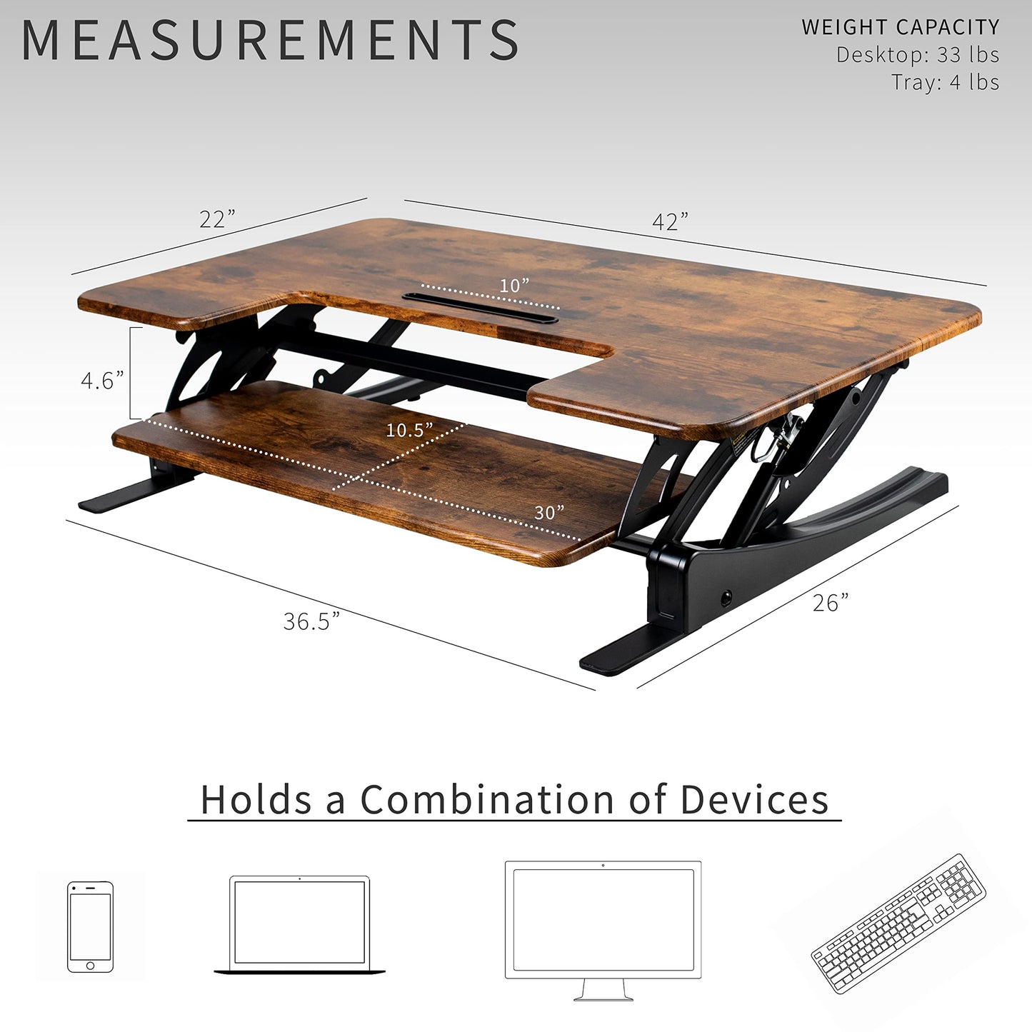 VIVO 42 inch Height Adjustable Stand Up Desk Converter, V Series, Quick Sit to Stand Tabletop Dual Monitor Riser Workstation, Rustic Vintage Brown Top, Black Frame, DESK-V000VLN
