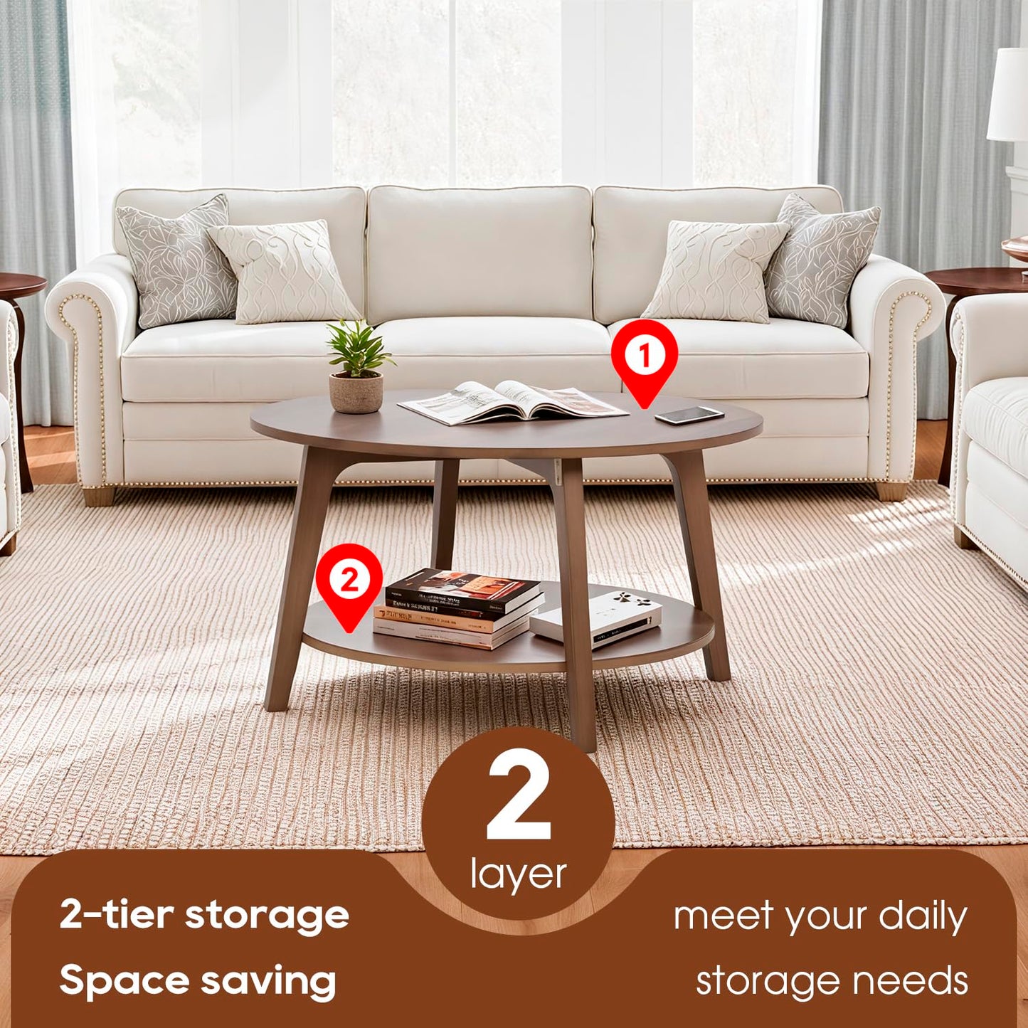 FDW Round Coffee Table 2-Tier Modern Wood Center Table with Storage for Living Room Bedroom or Office Small Space Circle Coffee Table with Sturdy MDF Top & Tapered Legs Easy Assembly,Brown