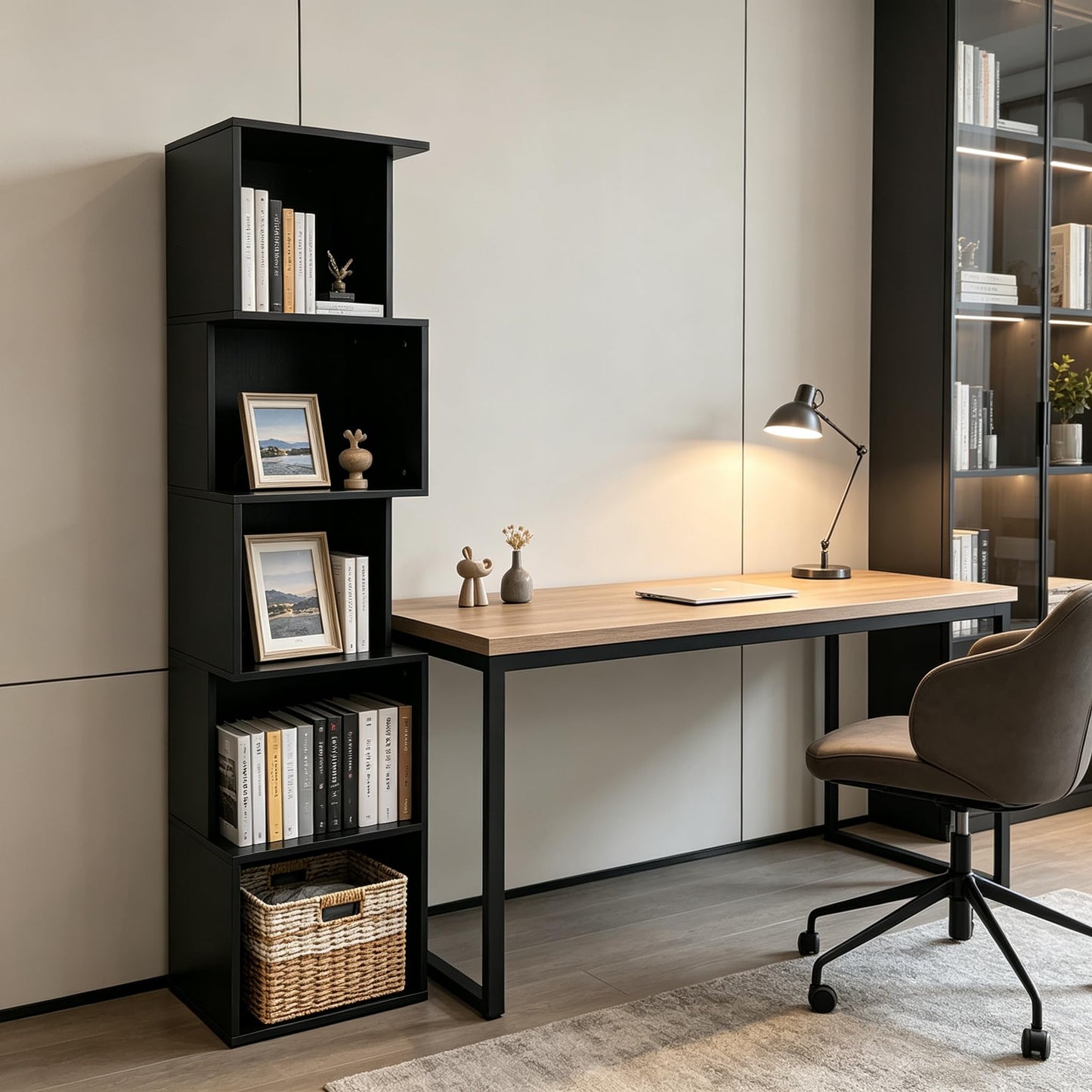 Enjoy Smart 5 Cube Bookshelf, Freestanding 5 Tier Open Display Shelf, Modern Black Cube Storage Organizer with Eco-Friendly Melamine Surface for Home Office Bedroom Living Room Study, Black