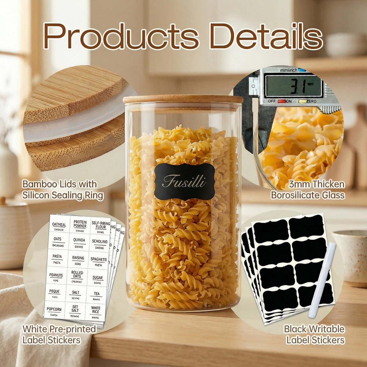 32oz - 4 Pack Glass Jars with Bamboo Lids, Glass Pantry Storage Containers with Airtight Lids, Round Air Tigh Food Storage Canisters for Cereal, Pasta, Flour, Sugar, Rice, Best for Kitchen Organizer