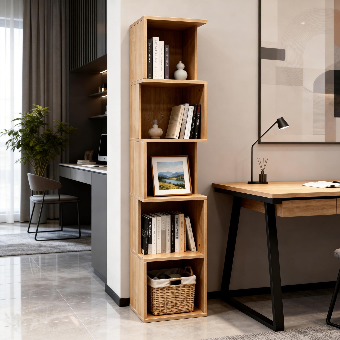 Enjoy Smart 5 Cube Bookshelf, Freestanding 5 Tier Open Display Shelf, Rustic Oak Texture Cube Storage Organizer with Eco-Friendly Melamine Surface for Home Office Bedroom Living Room Study, Oak