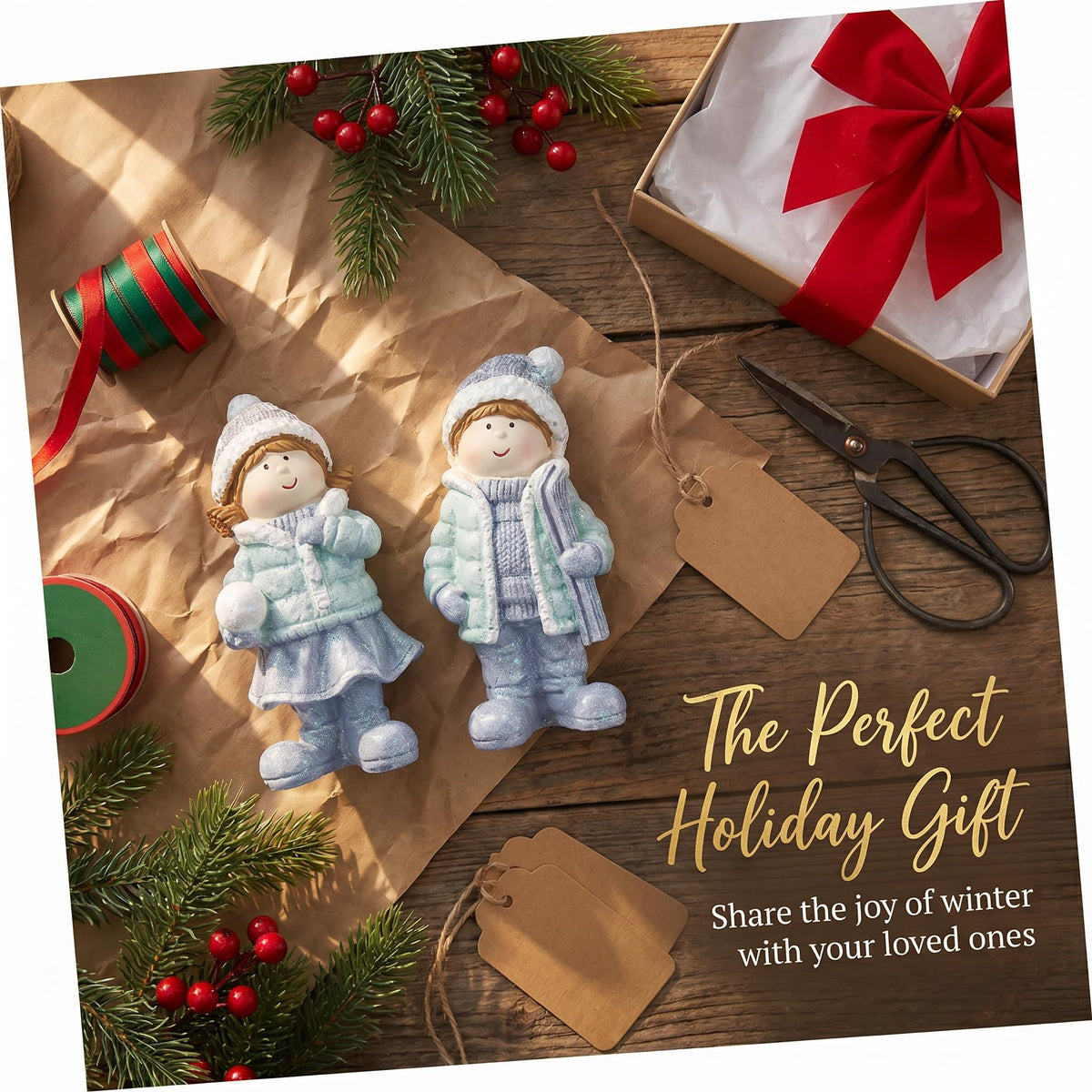 Brizoria Miniature People Figurines Set of 2 Glitter Resin Boy and Girl Winter Decorations for Home Indoor Tabletop Mantel Shelf Cute Christmas Home Decor Small Tiny People Figurines