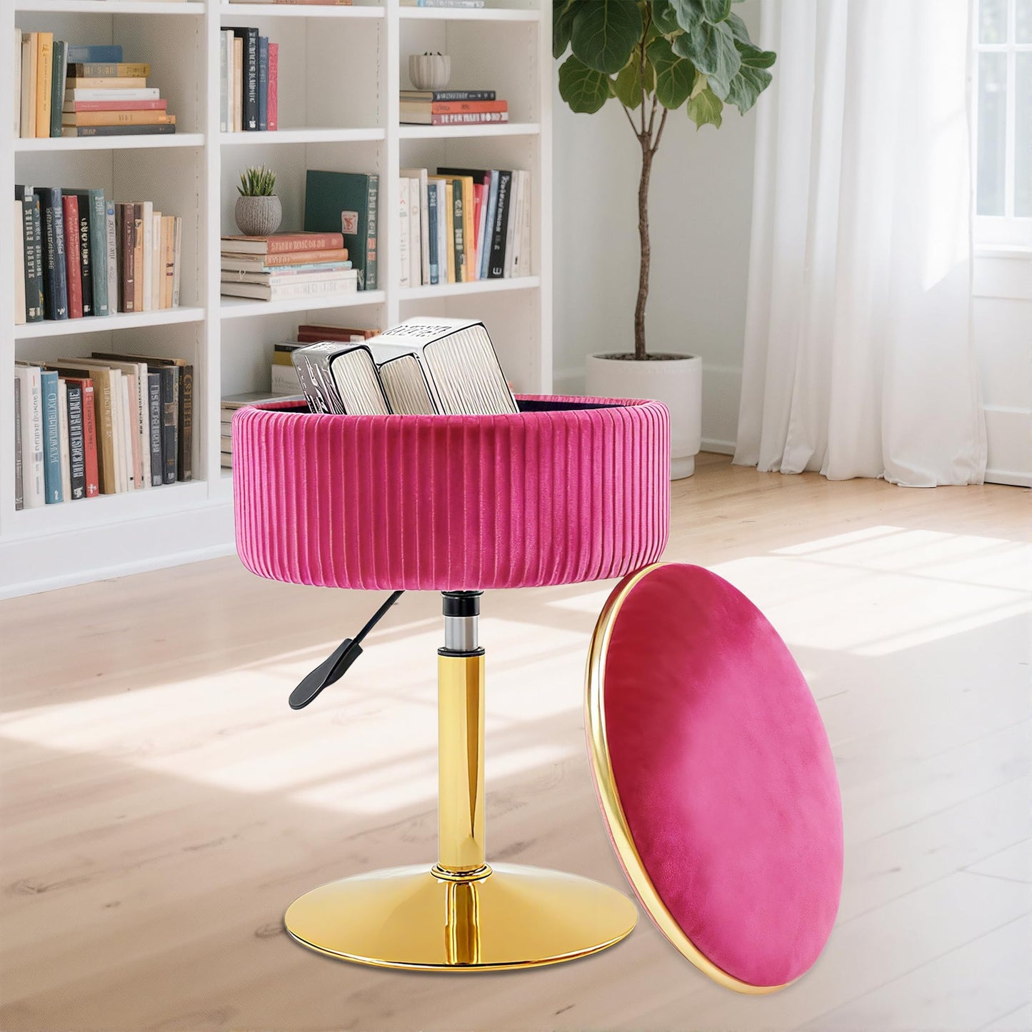 MRITWAII Adjustable Vanity Stool with Storage, 360° Swivel Makeup Stool Chair Small Velvet Round Ottoman with Gold Base for Bedroom (Hot Pink)