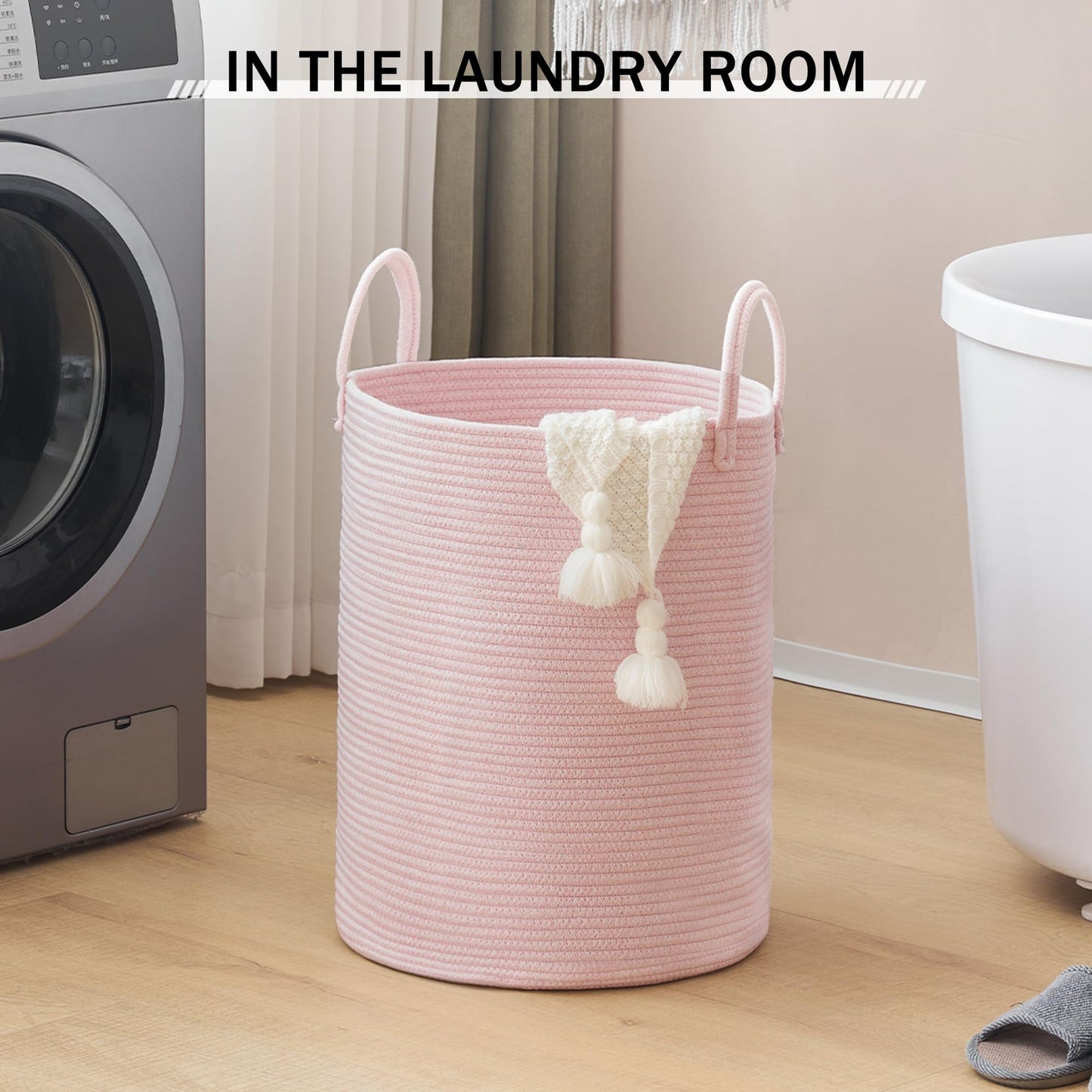YOUDENOVA Woven Rope Laundry Hamper, 58L Tall Luandry Basket, Baby Nursery Hamper for Blanket Storage in Bedroom-Large-Pink
