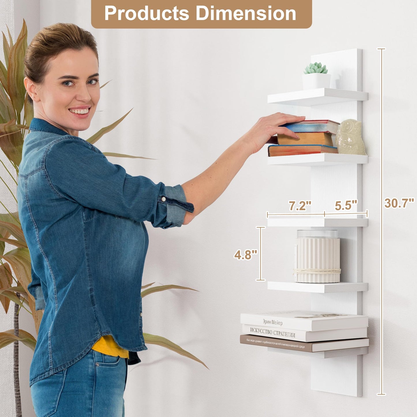 Fun Memories 5 Tier Wall Shelf Unit, White Floating Shelves for Storage - Vertical Column Tower Design, Lack Wall Shelf Space Saving Organizer for Bedroom, Living Room, Home Decor