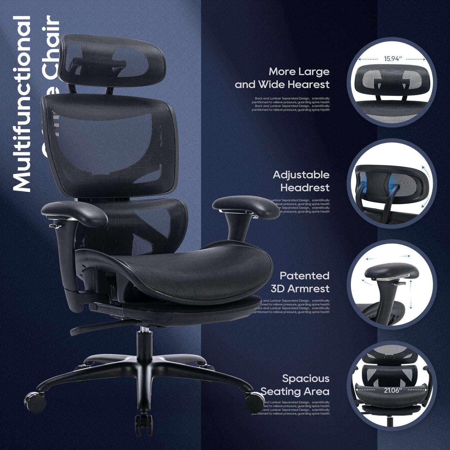 COLAMY Ergonomic Mesh Office Chair with Footrest, Executive High Back Computer Desk Chair with Wide Headrest and Adjustable 3D Arms, Backrest Height, Tilt Lock and Lumbar Support, Black