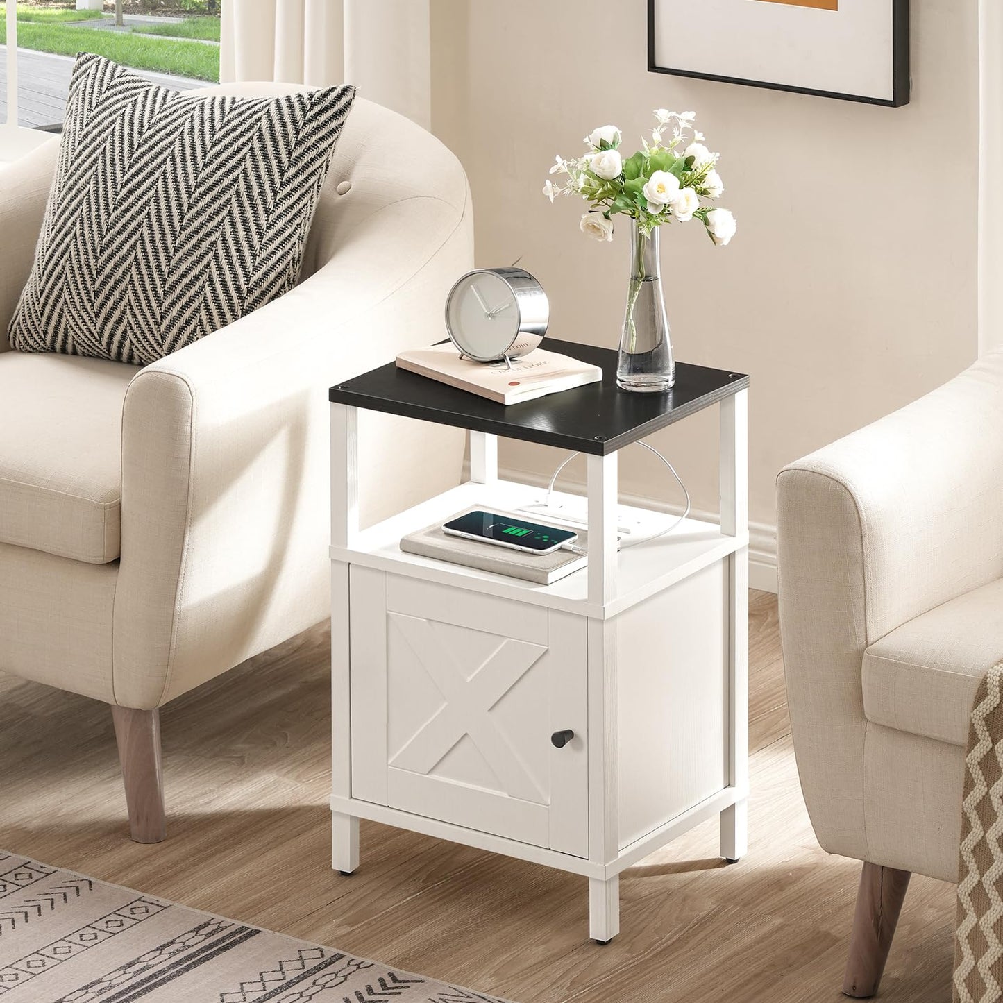 MAHANCRIS Farmhouse Nightstand with Charging Station, Barn Door End Table with USB Ports and Storage Cabinet, Bedside Table for Bedroom, Small Space, White and Black ETBW96E01