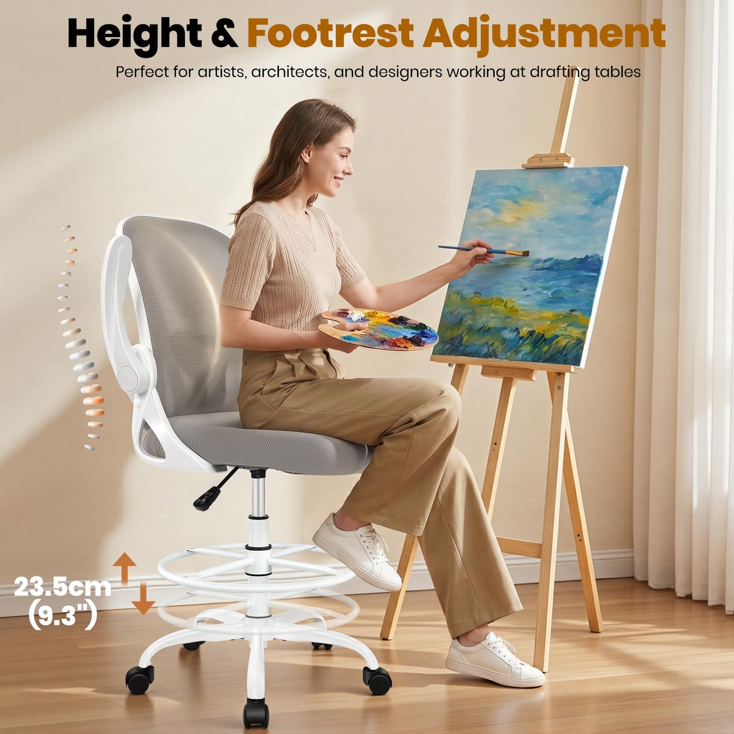 Ergonomic Drafting Chair with Flip-Up Armrests & Adjustable Footrest – Tall Office Chair for Standing Desks, Lumbar Support, Gray – Home & Office Comfort