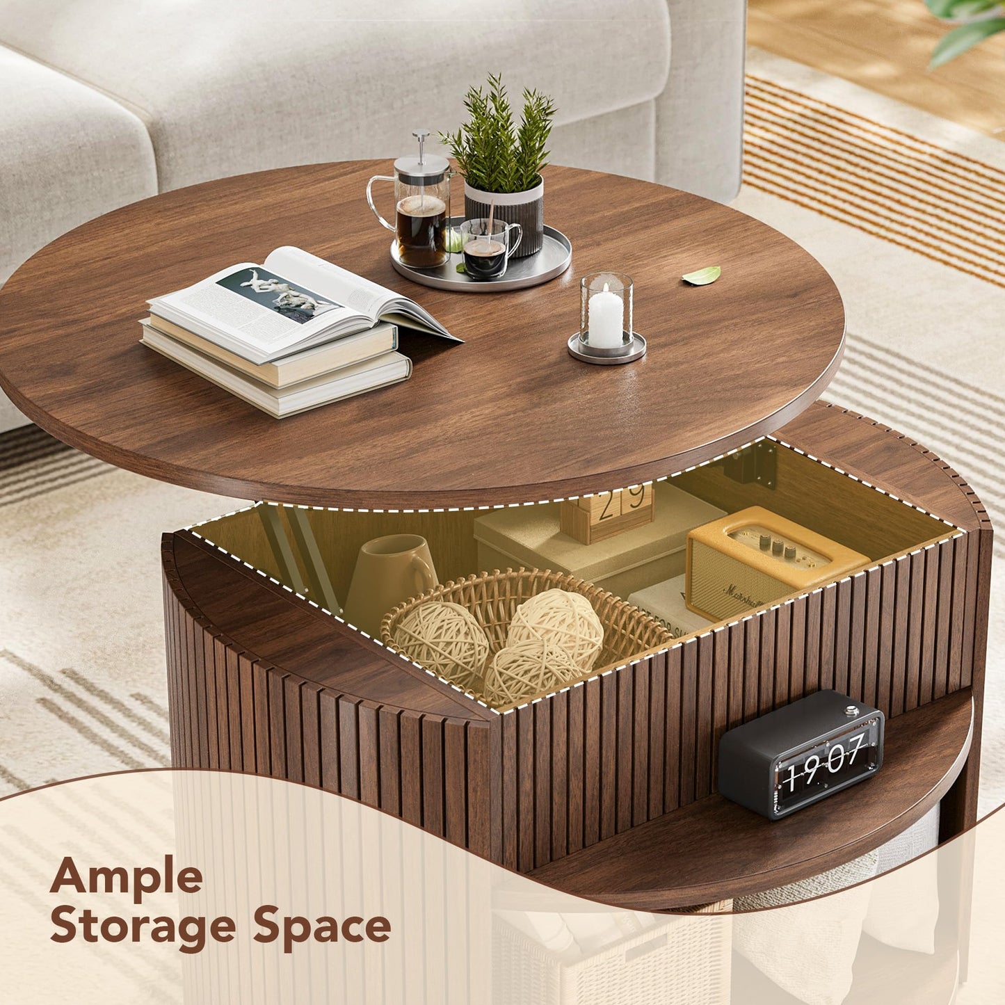 Decofy Round Lift Top Coffee Table with Storage, Fluted Mid-Century Modern Coffee Tables for Living Room, with Hidden Compartment & Open Shelves, for Small Spaces & Home Office(31.5" Walnut)