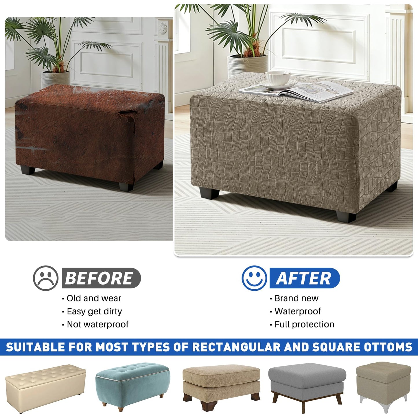 MAXIJIN Waterproof Ottoman Cover Rectangle Stretch Ottoman Slipcovers Square Thick Stool Covers Storage Footrest Furniture Protector with Non-Slip Elastic Bottom (Small, Khaki)