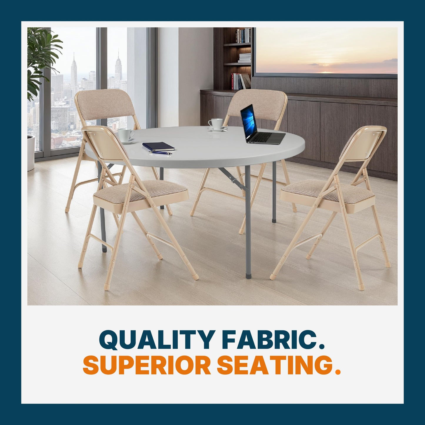OEF Furnishings OEF2200 Series Heavy-Duty Premium Fabric Padded Upholstery Double-Hinged Folding Chairs (4-Pack, French Beige)