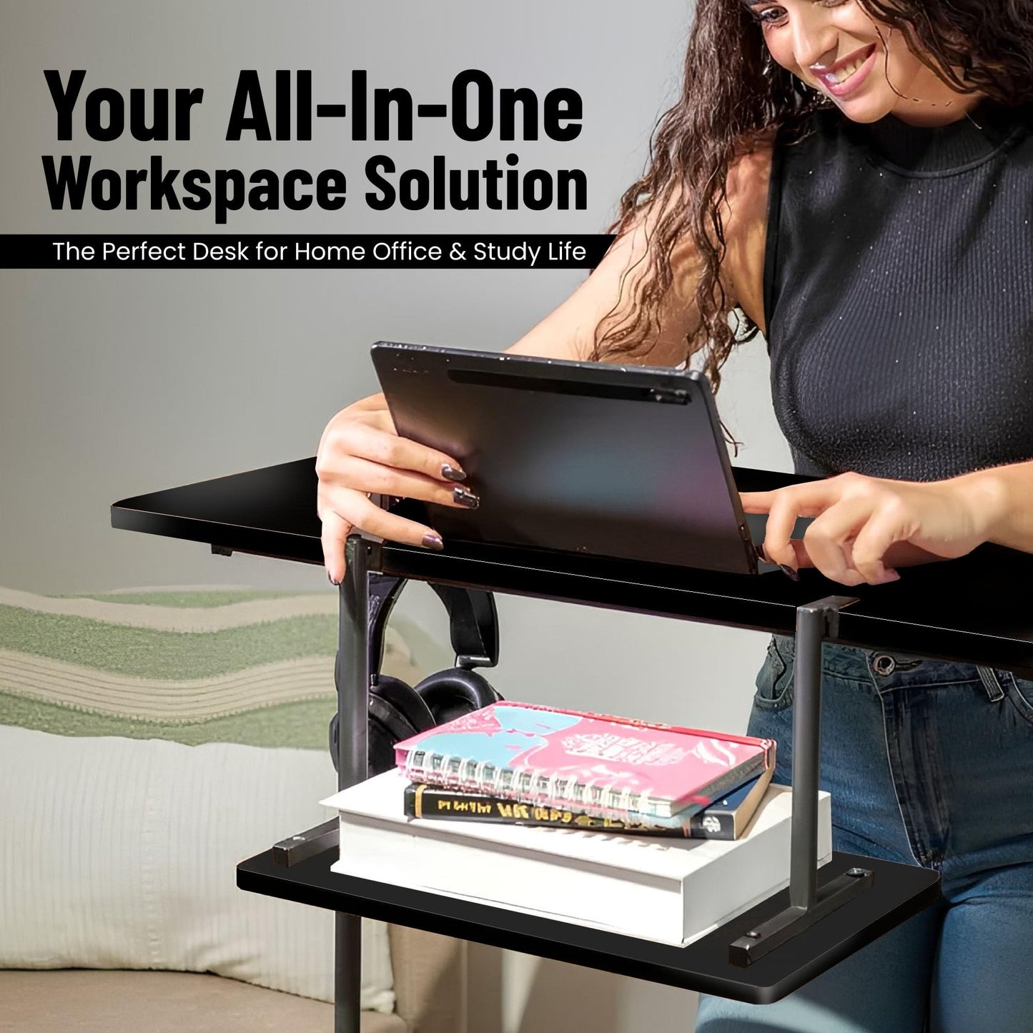 Model 2026 Adjustable Height Rolling Desk With Wheels Portable Compact Laptop Table Mobile Workstation For Study Office Small Space Standing Desk Ergonomic Writing Surface Modern Home Furniture Black