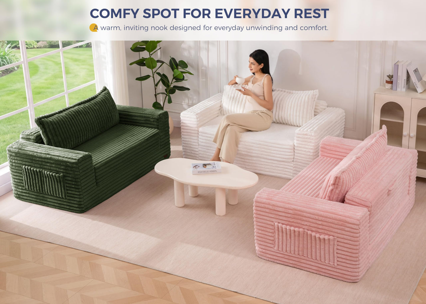 MAXYOYO Convertible Sofa Bed, 2 in 1 Folding Couch Bed for Small Space, Pull Out Loveseat Sofa Couch with Large Back Pillow, Plush Fabric Lounge Couch for Living Room, Apartment, Dark Green