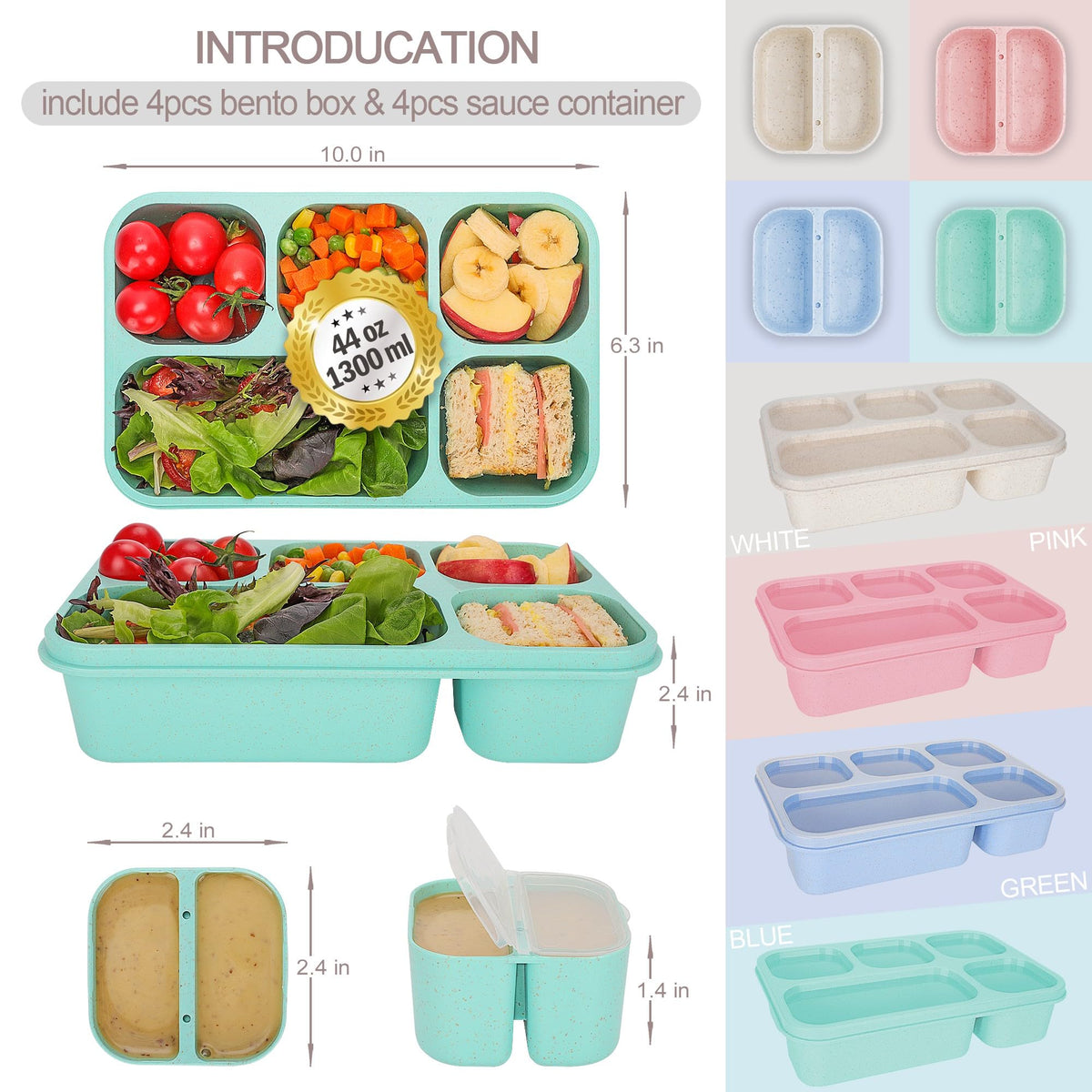 TOUWMX Bento Box Adult, 4 Pack 5 Compartments Meal Prep Container Reusable Food Storage Lunchable Containers with Sauce Containers, Snack Boxes For Adults Bento Box For Kids