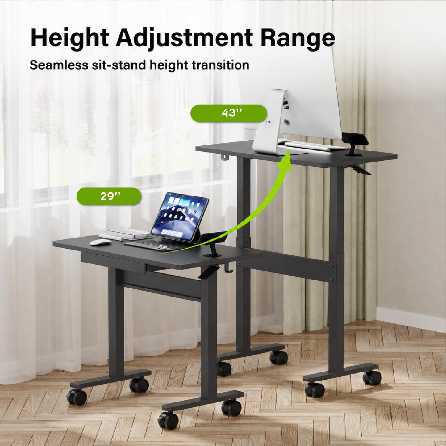 DAWNYIELD Standing Desk for Walking Pad with Wheels, Pneumatic Cordless Height Adjustable Rolling Desk, Mobile Computer Workstation with Drawer Hook Locking Casters for Treadmill & Home Office, Black