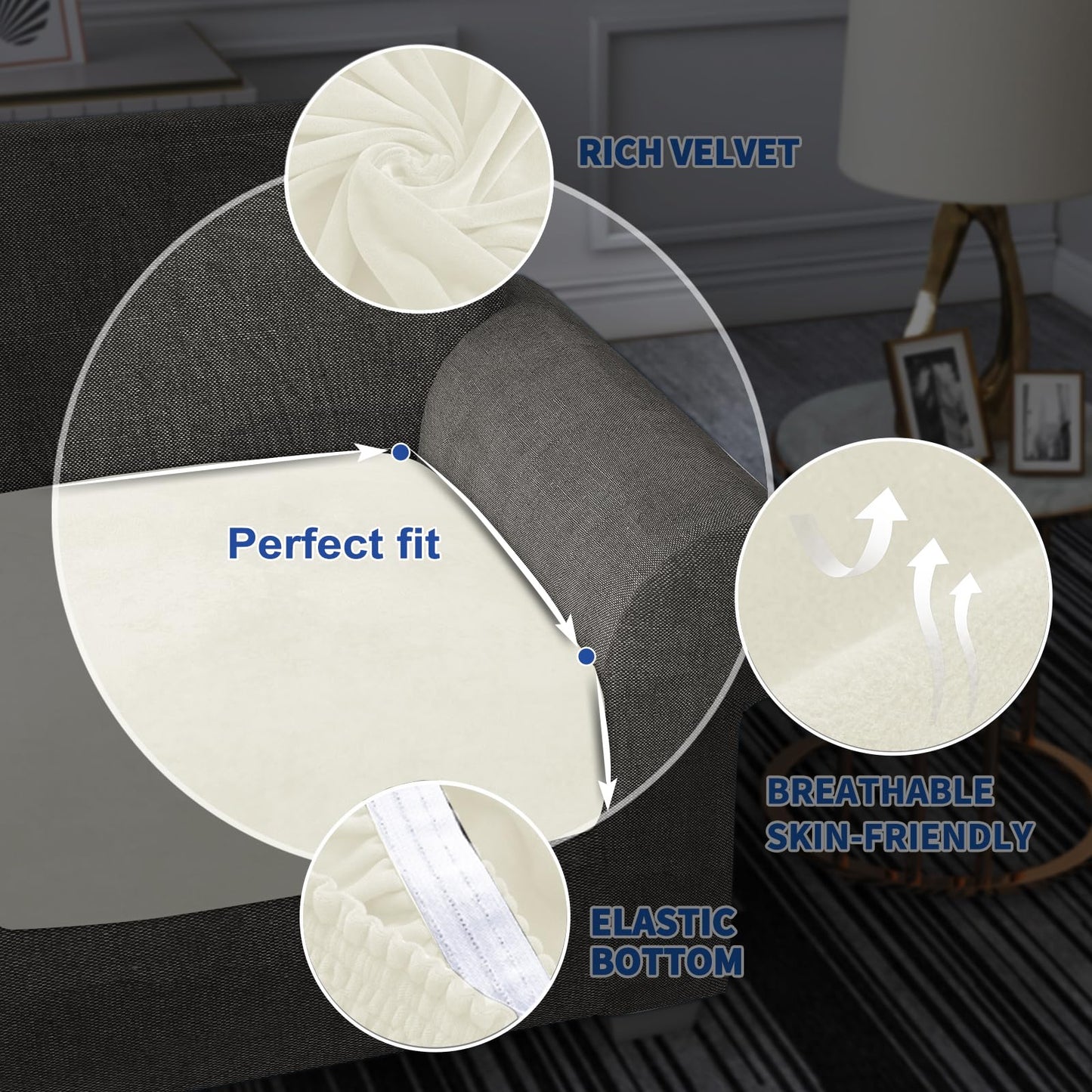 MAXIJIN Velvet Stretch Cushion Cover Fitted Couch Cushion Slipcovers 1 Pack Arm Chair Seat Cushion Cover for Individual Cushion Sofa Chair with Elastic Bottom (Chair Cushion, Beige)